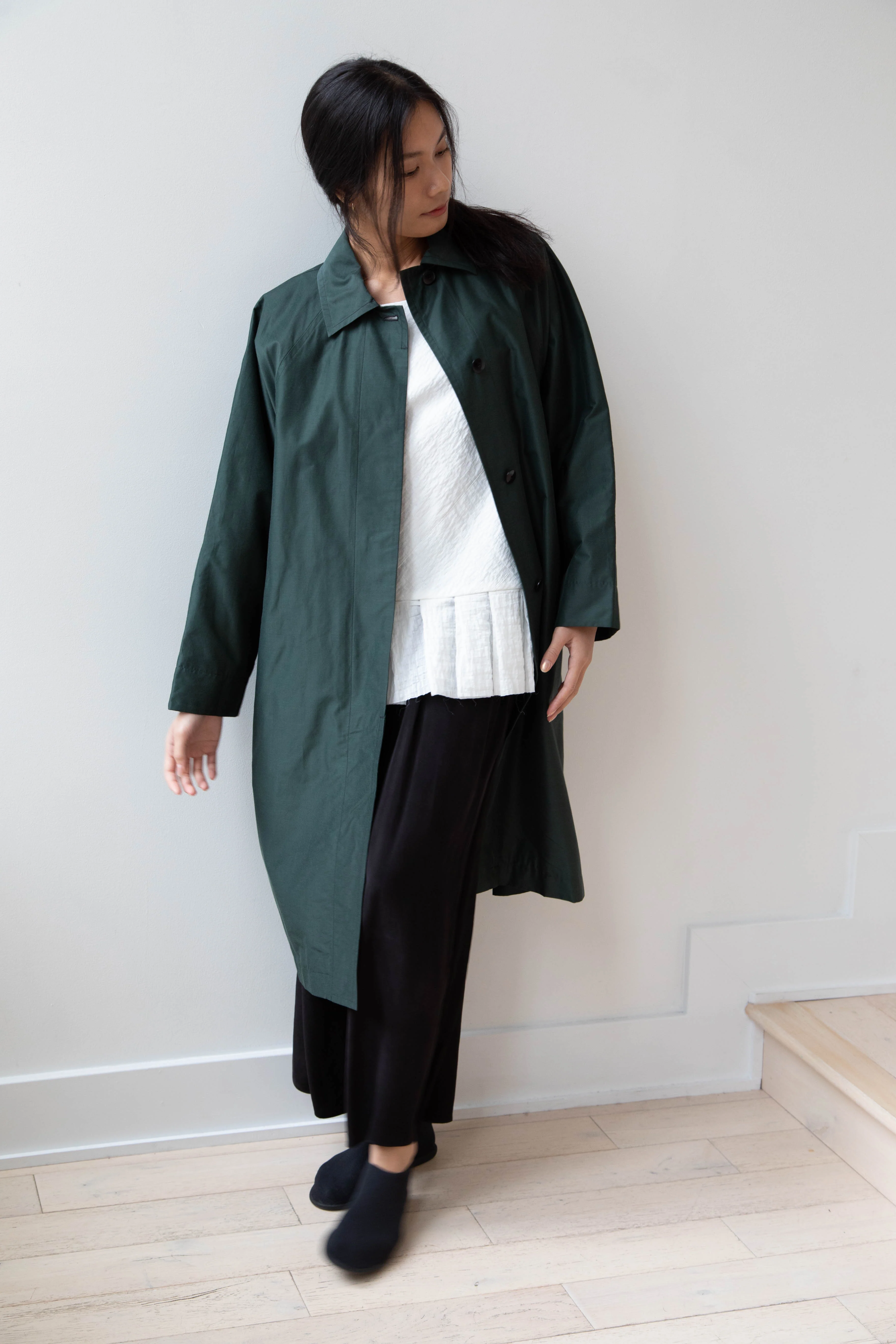 Arts & Science | Silk Cotton Taffeta Bal Collar Coat in Dark Green - Image 13
