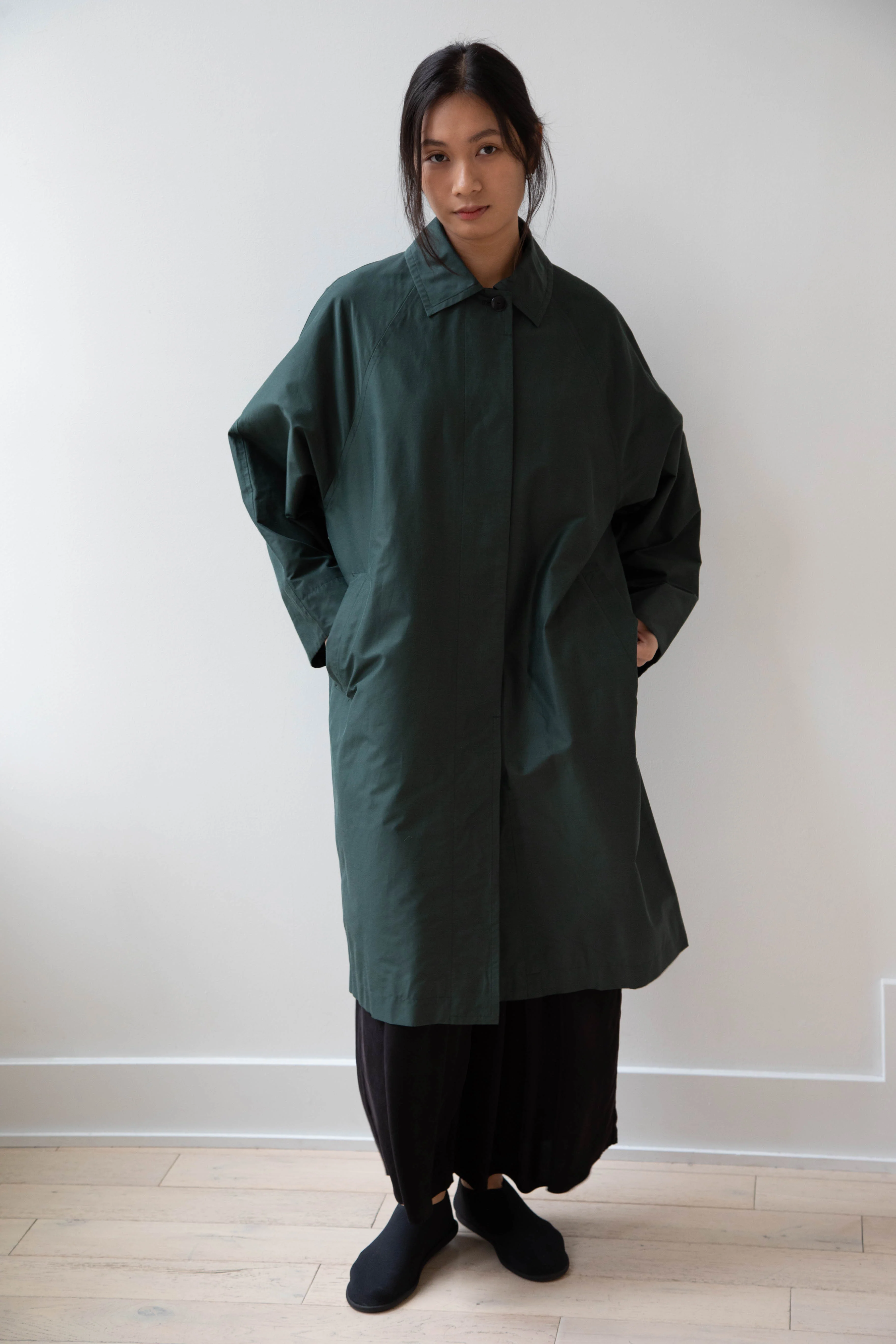 Arts & Science | Silk Cotton Taffeta Bal Collar Coat in Dark Green - Image 18