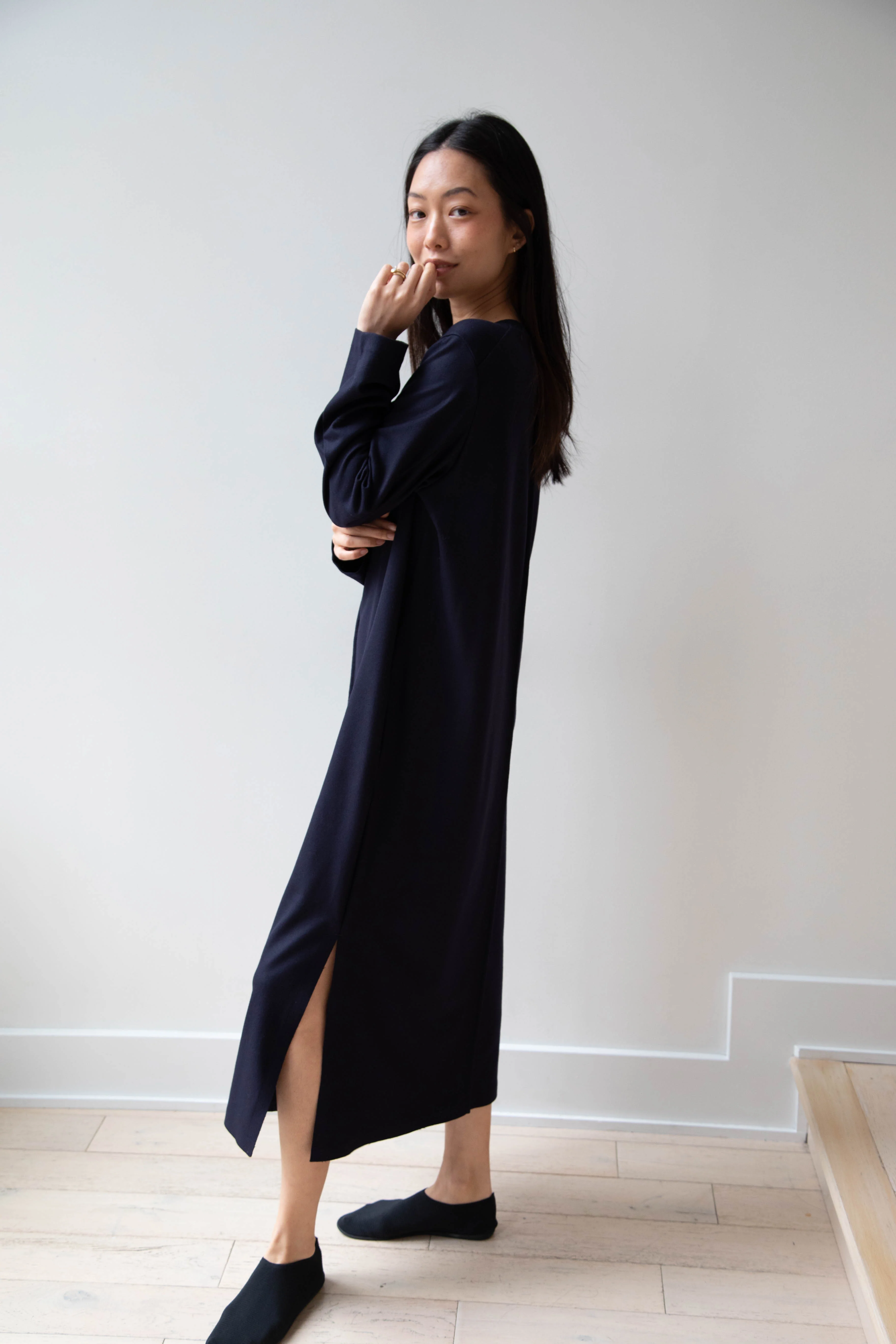 Aton | Crewneck Dress in Navy Wool - Image 17