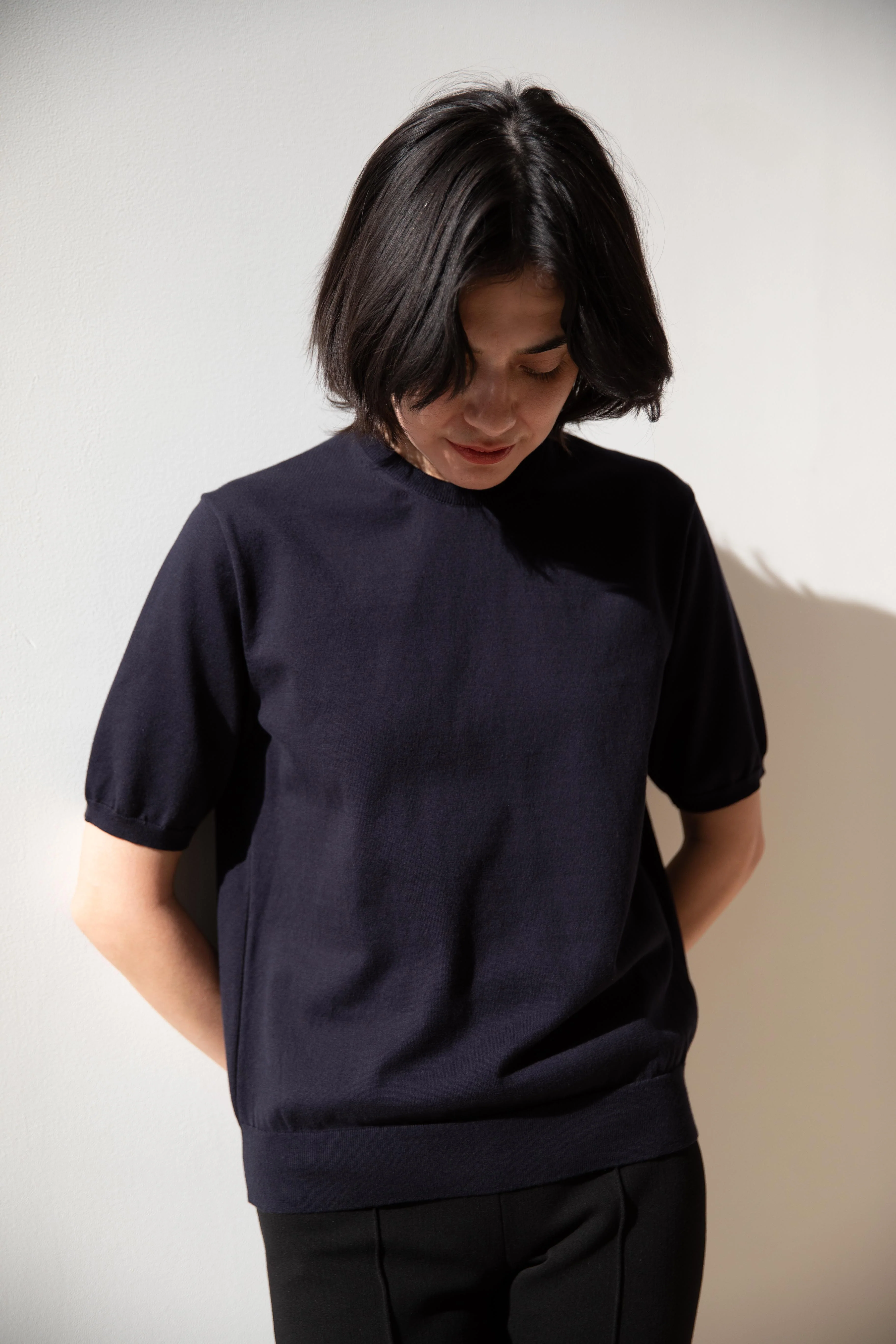 Aton | Fine Crewneck Short Sleeve Sweater in Navy - Image 12