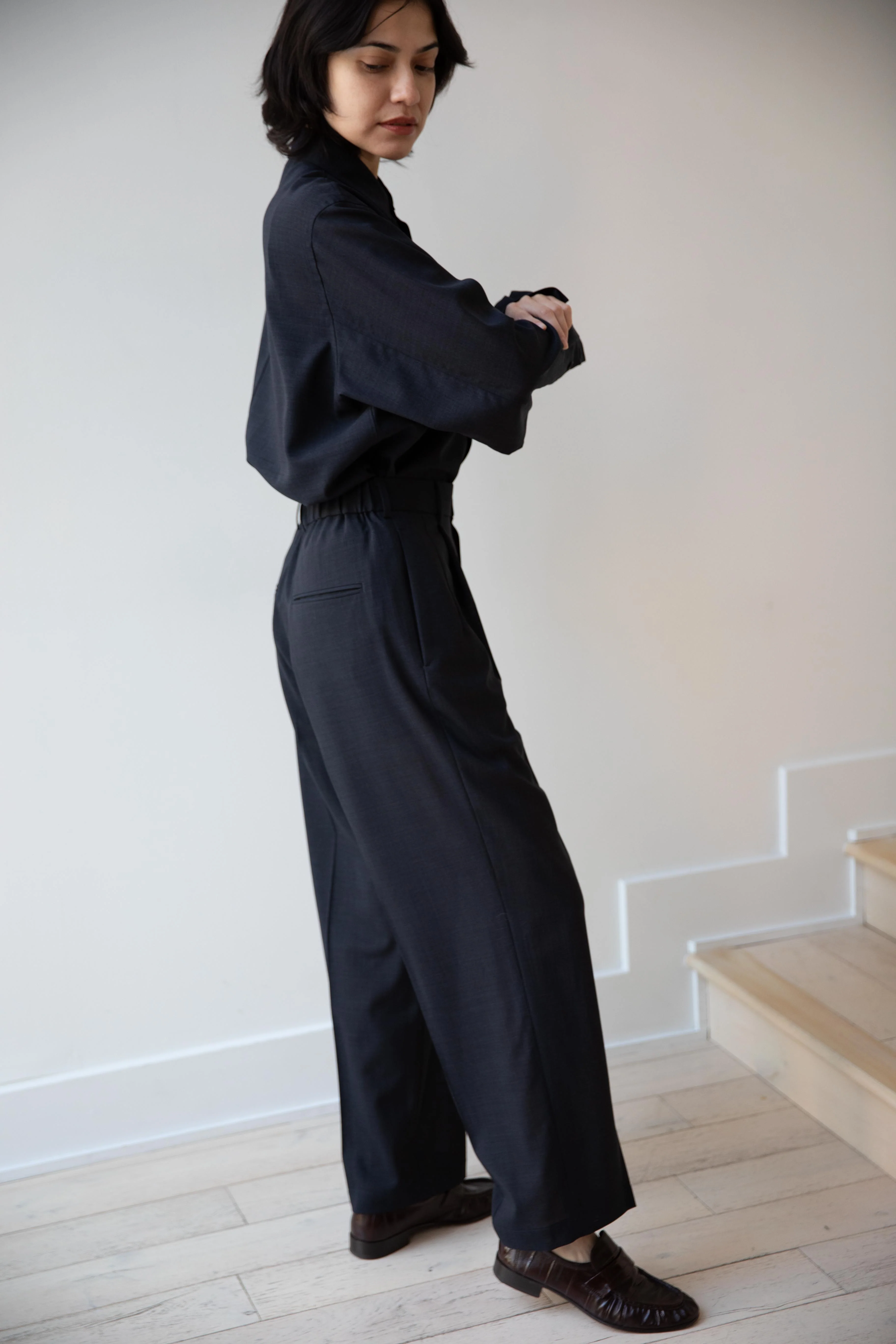 Aton | Loose Fit Shirt in Navy Tropical Wool - Image 18