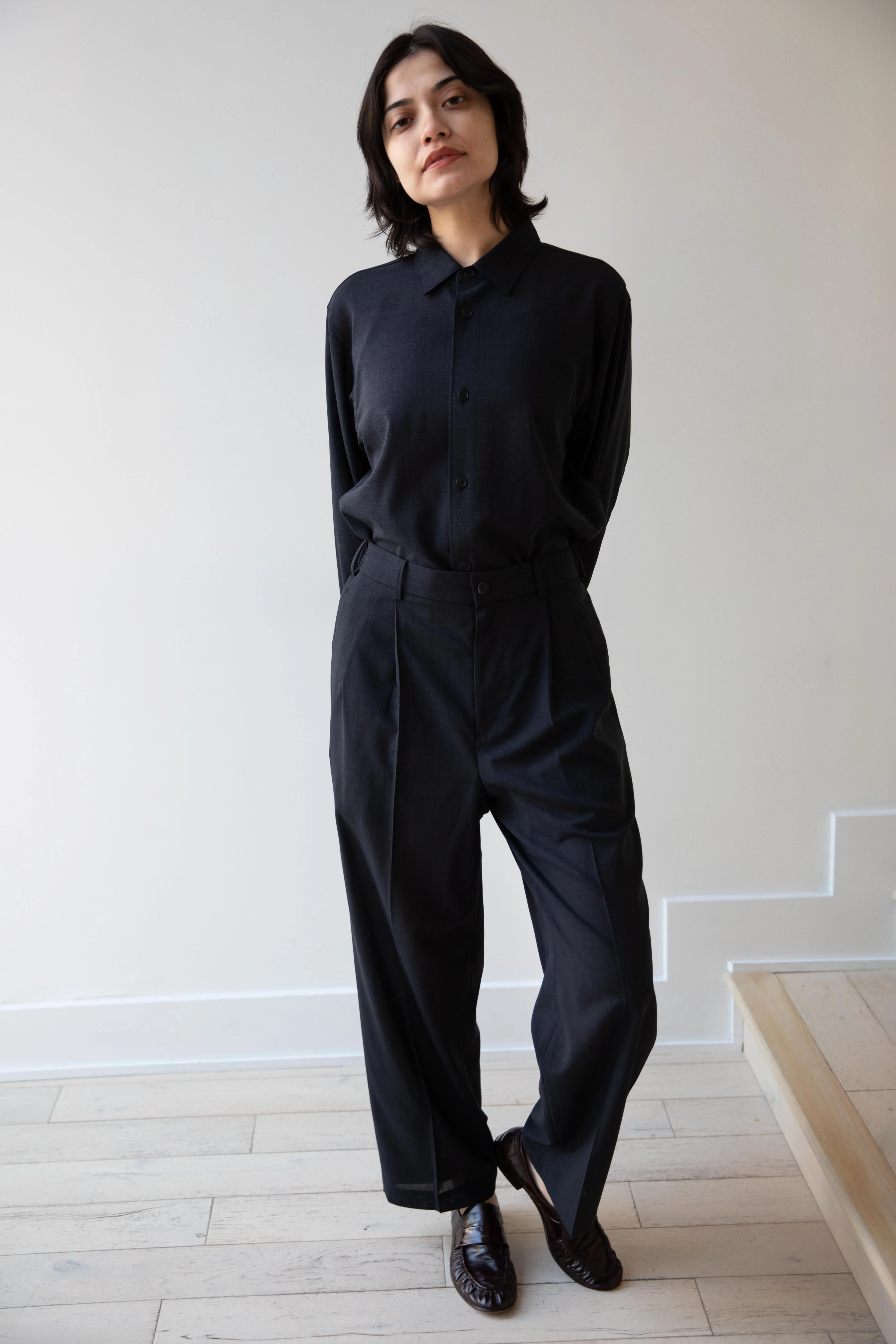Aton | Loose Fit Shirt in Navy Tropical Wool - Image 20