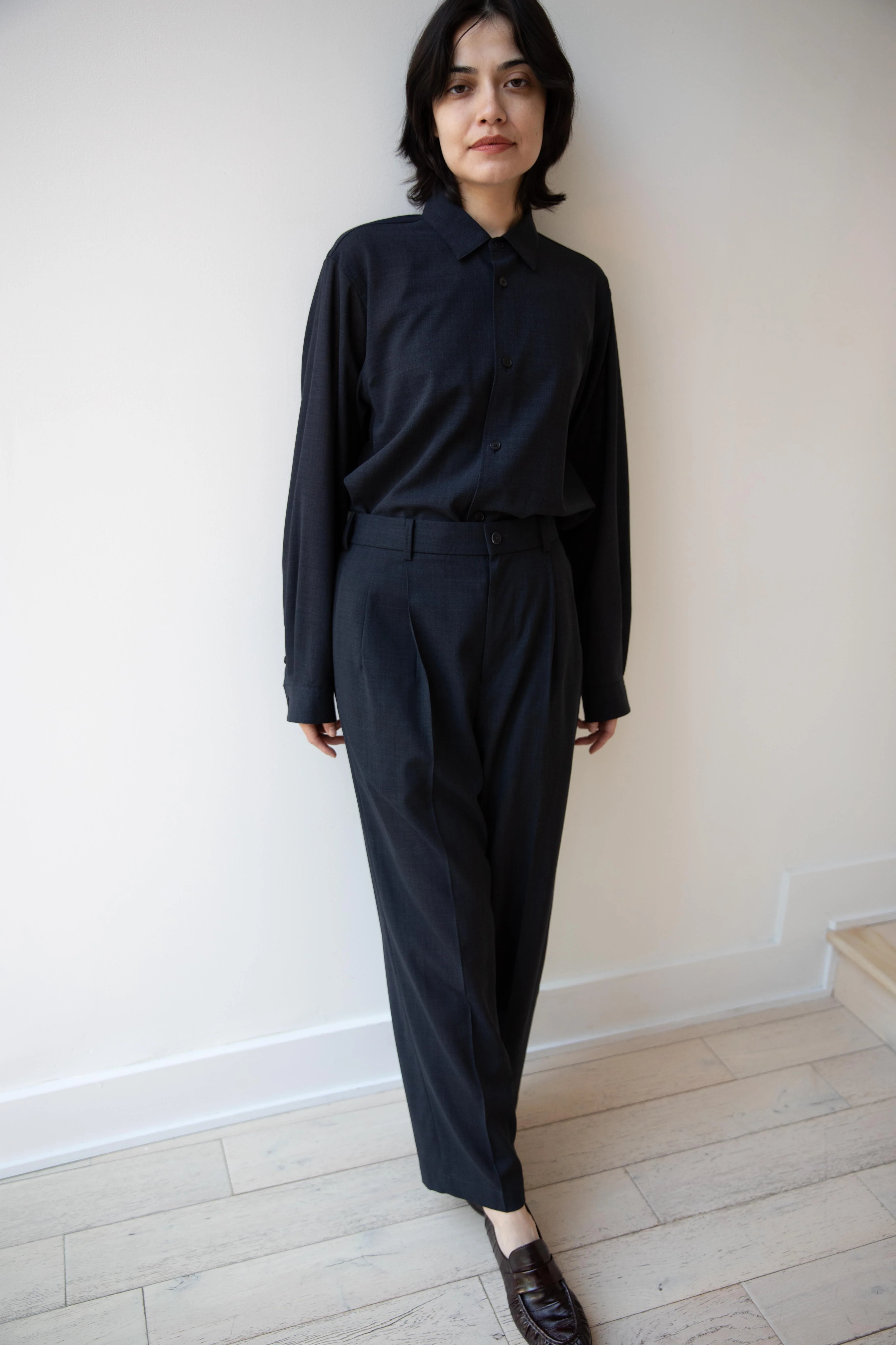 Aton | Loose Fit Shirt in Navy Tropical Wool - Image 26
