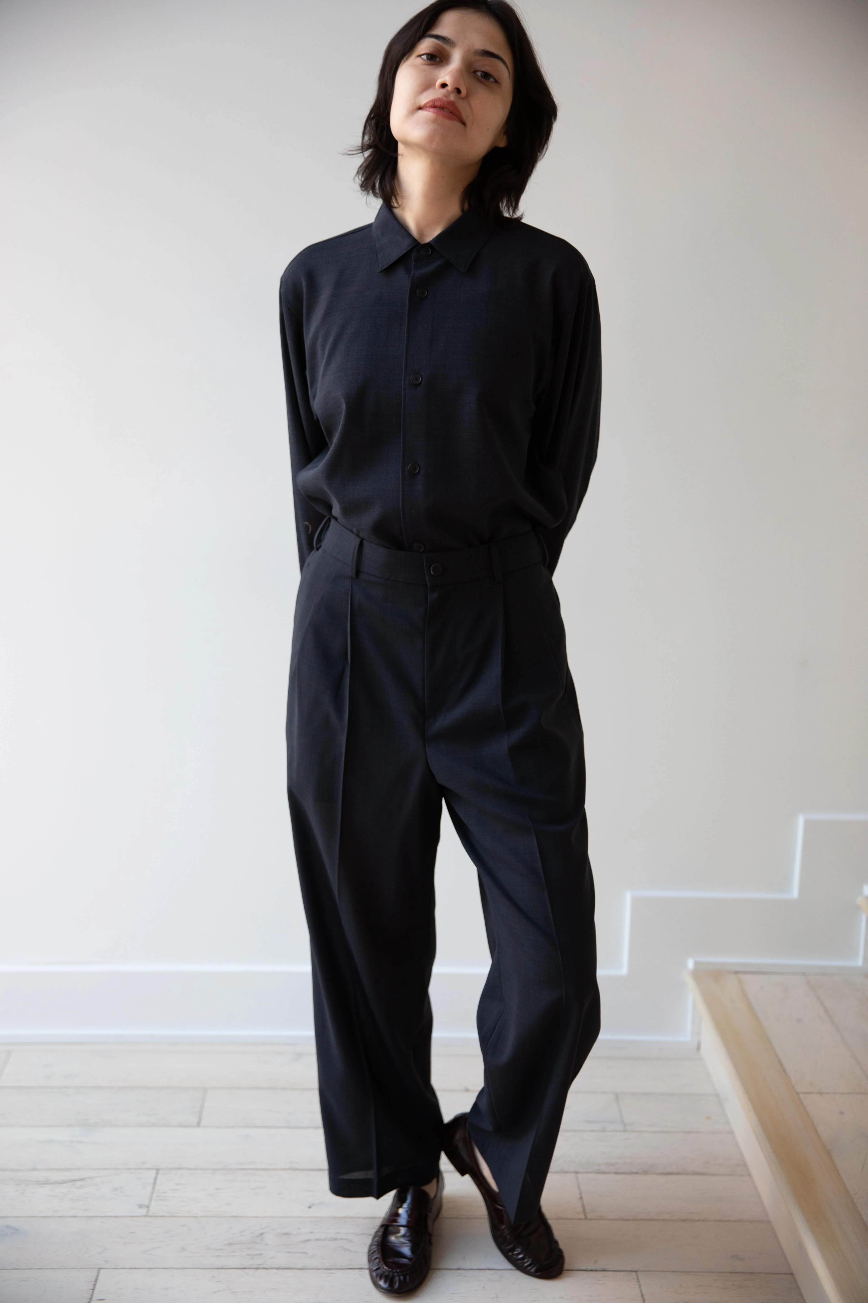 Aton | Two Tuck Easy Pants in Navy Tropical Wool - Image 17