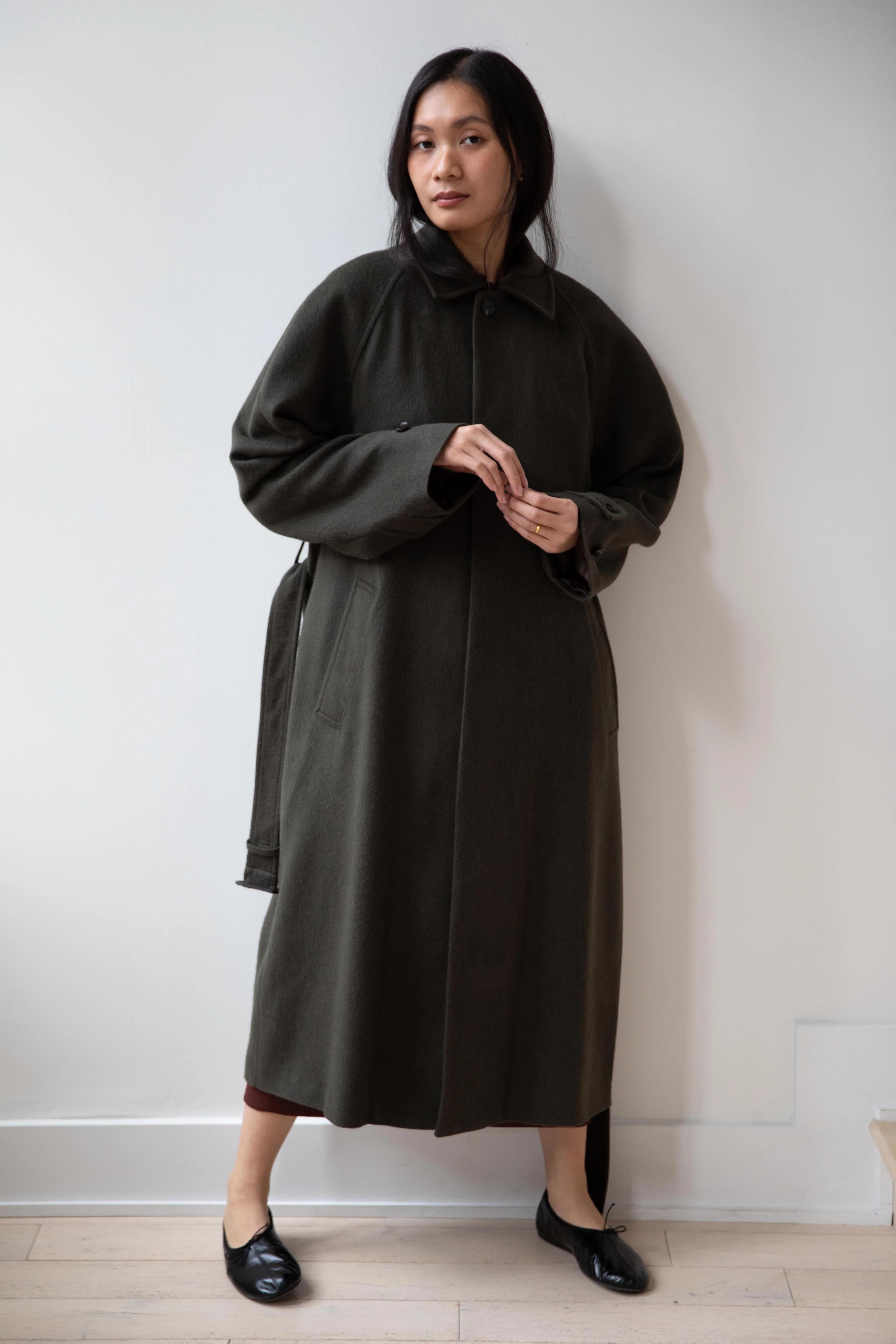 Auralee | Baby Camel Flannel Coat in Dark Olive - Image 15