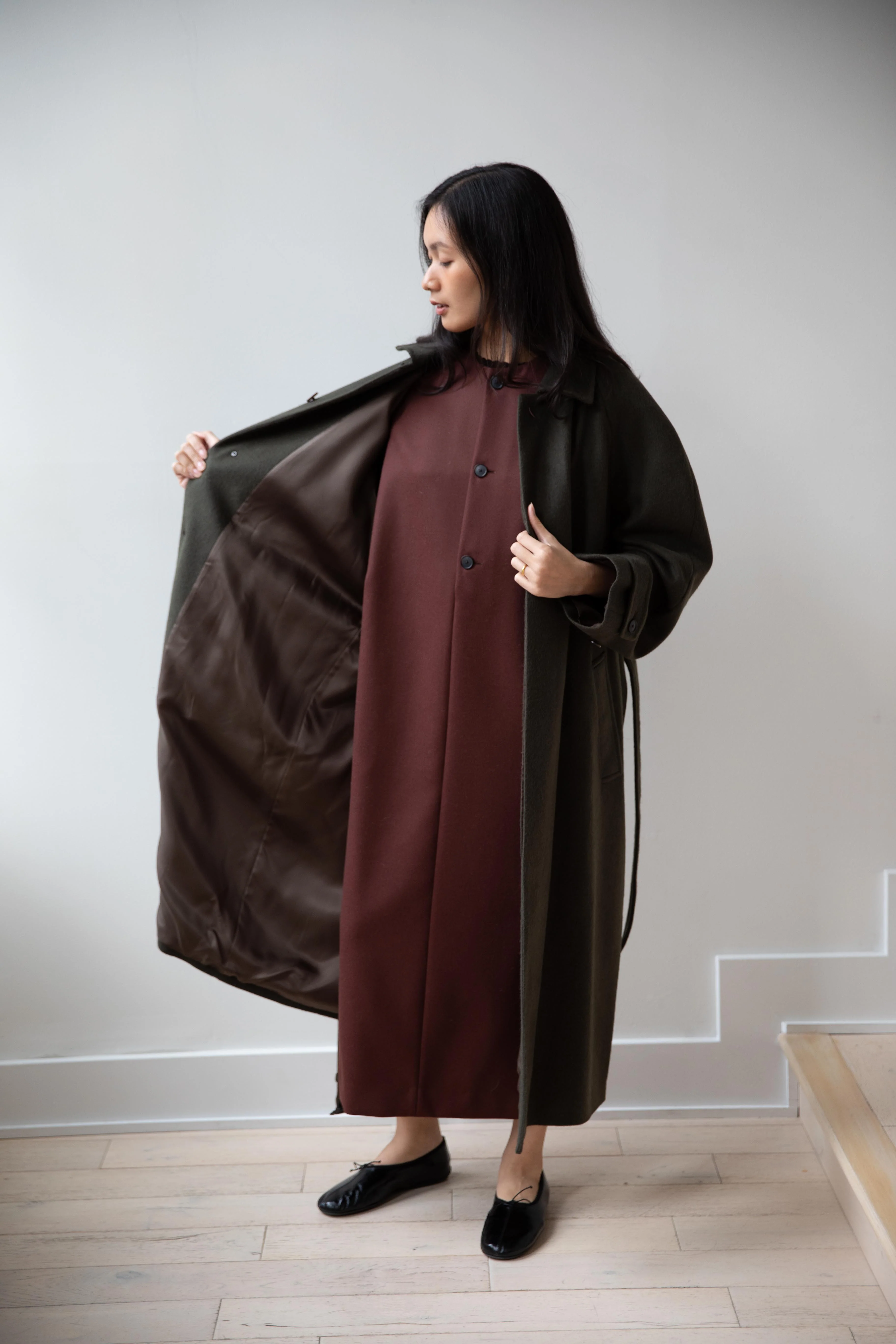 Auralee | Baby Camel Flannel Coat in Dark Olive - Image 16