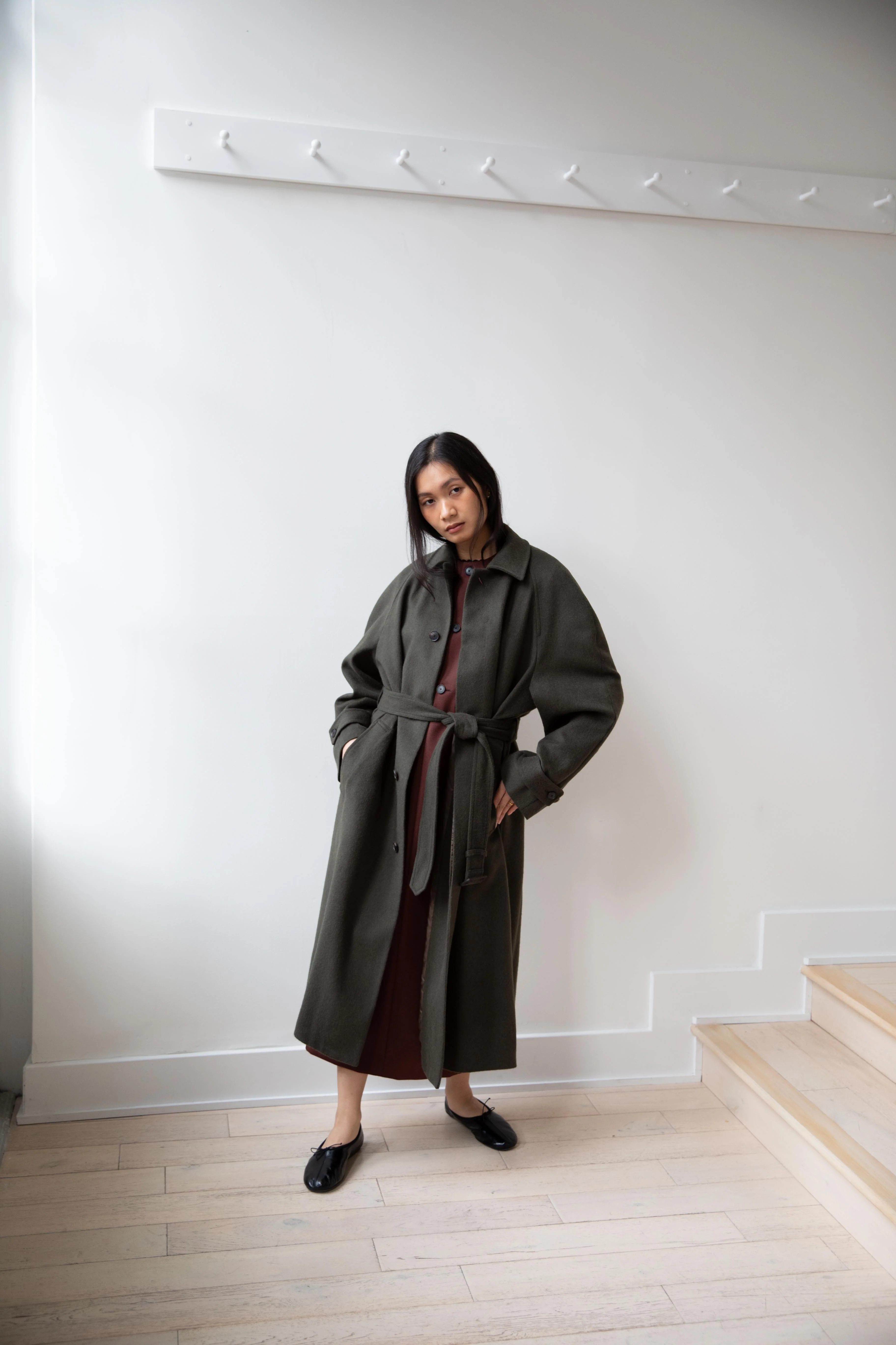 Auralee | Baby Camel Flannel Coat in Dark Olive - Image 22