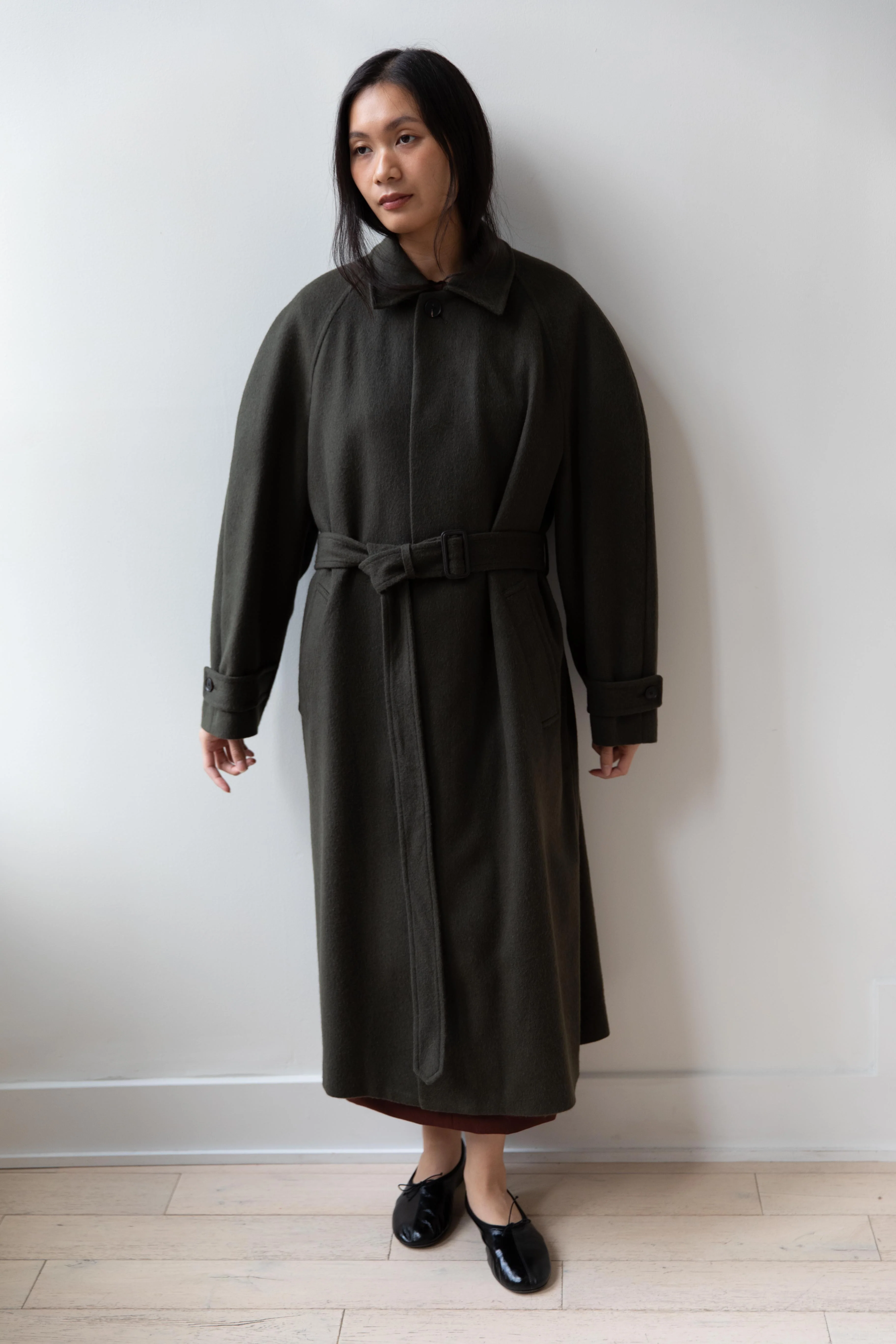 Auralee | Baby Camel Flannel Coat in Dark Olive - Image 36