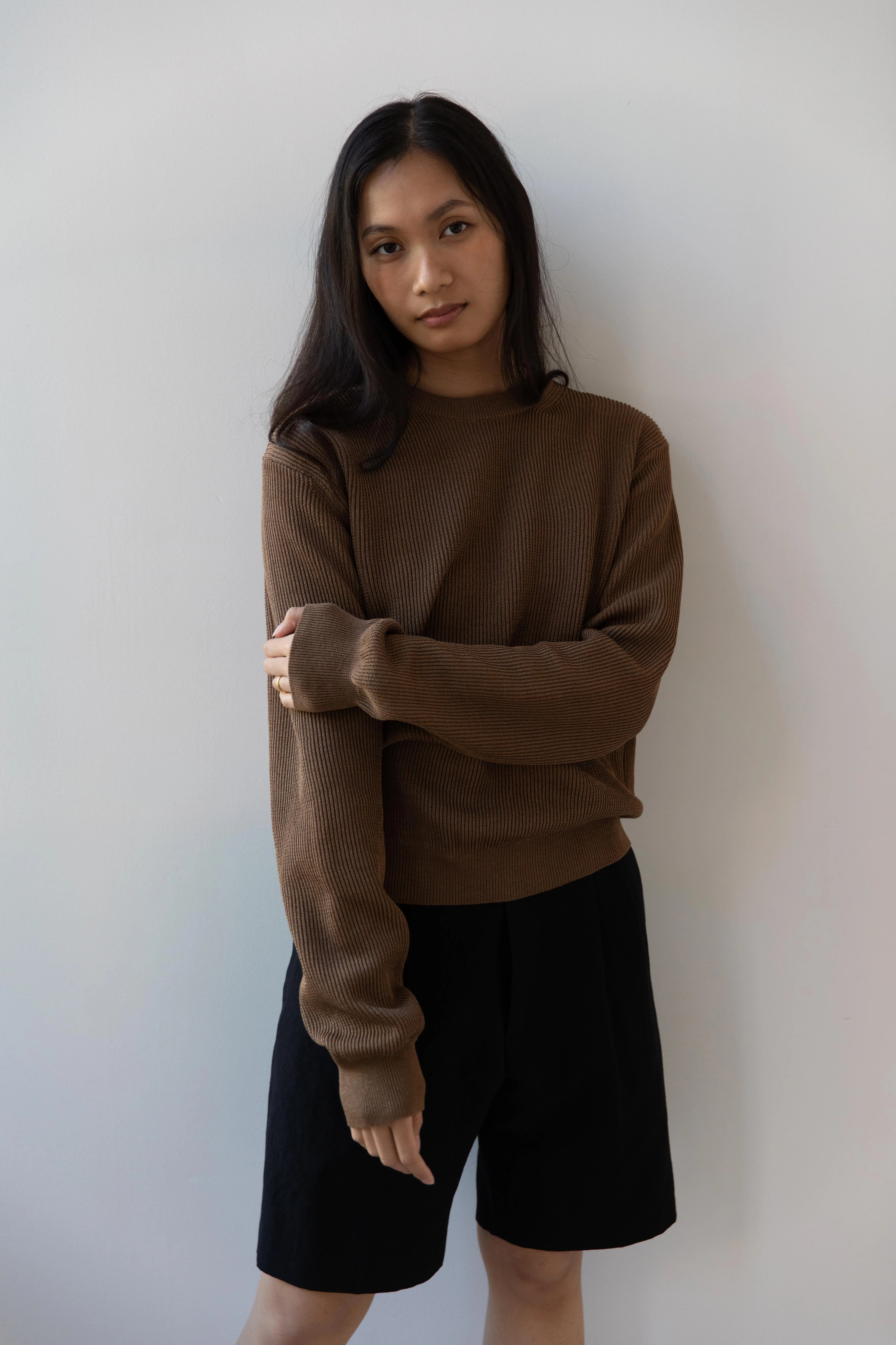 Auralee | Flat Yarn Rib Knit Pullover in Light Brown - Image 3