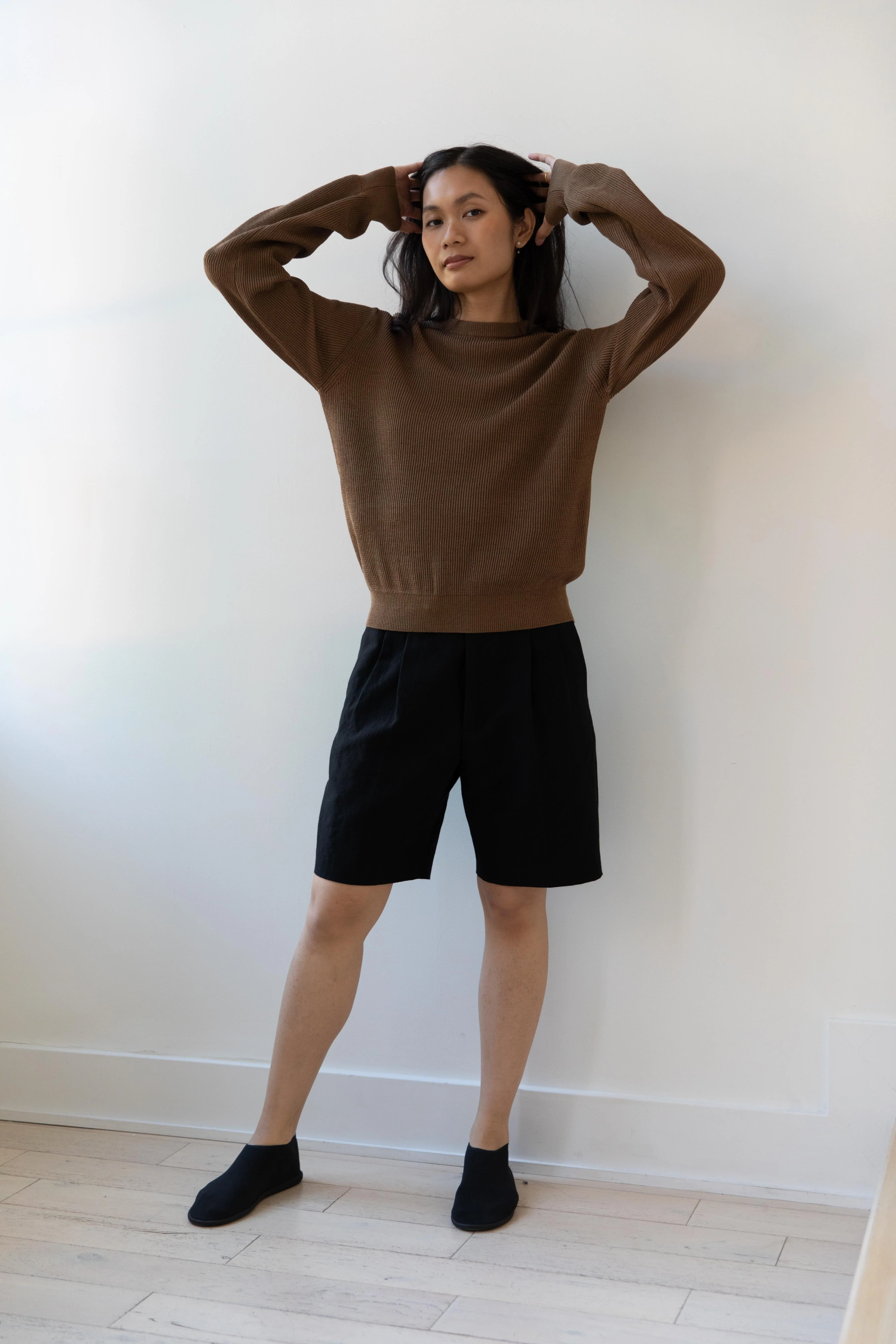 Auralee | Flat Yarn Rib Knit Pullover in Light Brown - Image 4