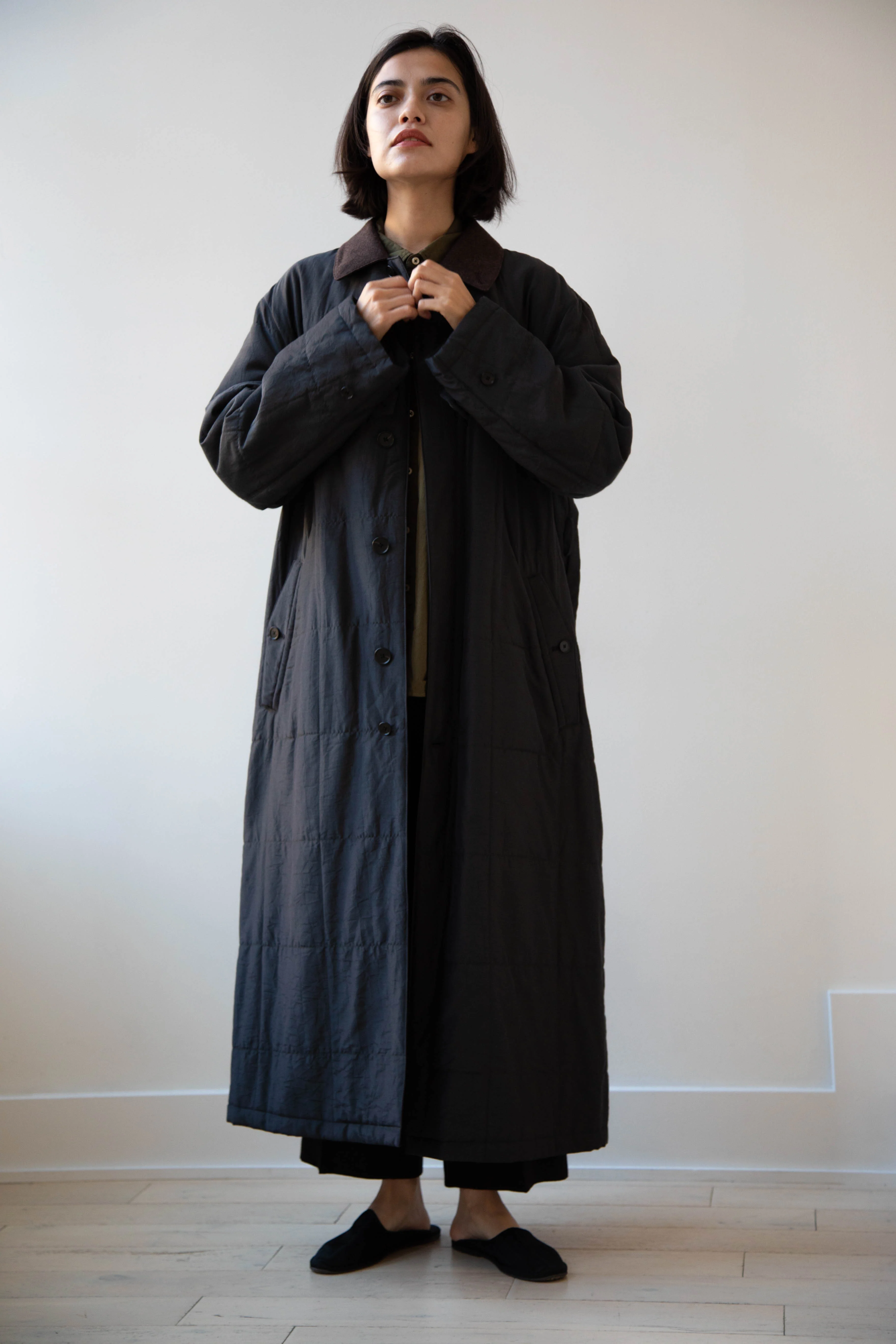 Auralee | Quilted Light Silk Cotton Coat in Ink - Image 18