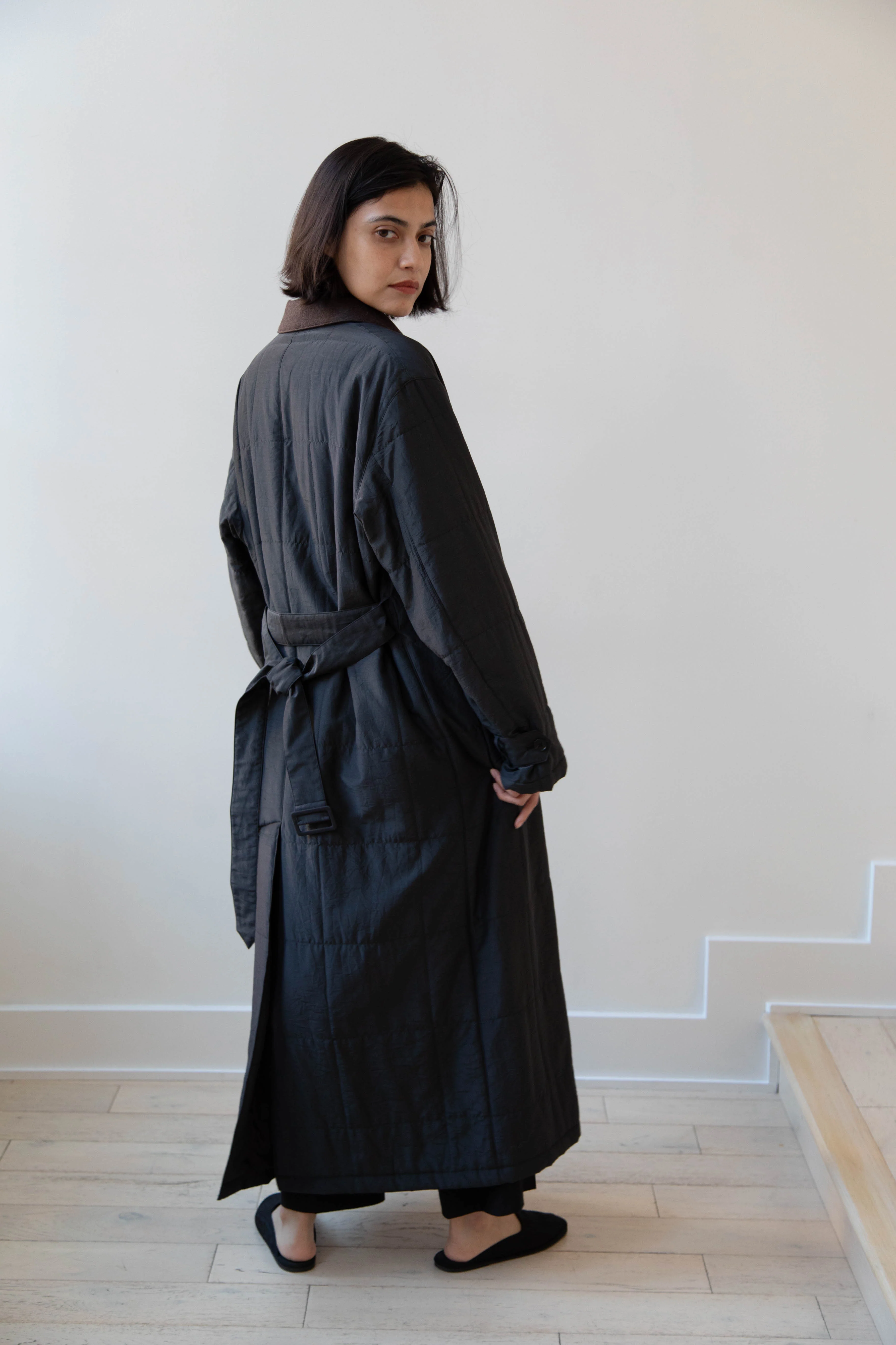 Auralee | Quilted Light Silk Cotton Coat in Ink - Image 26