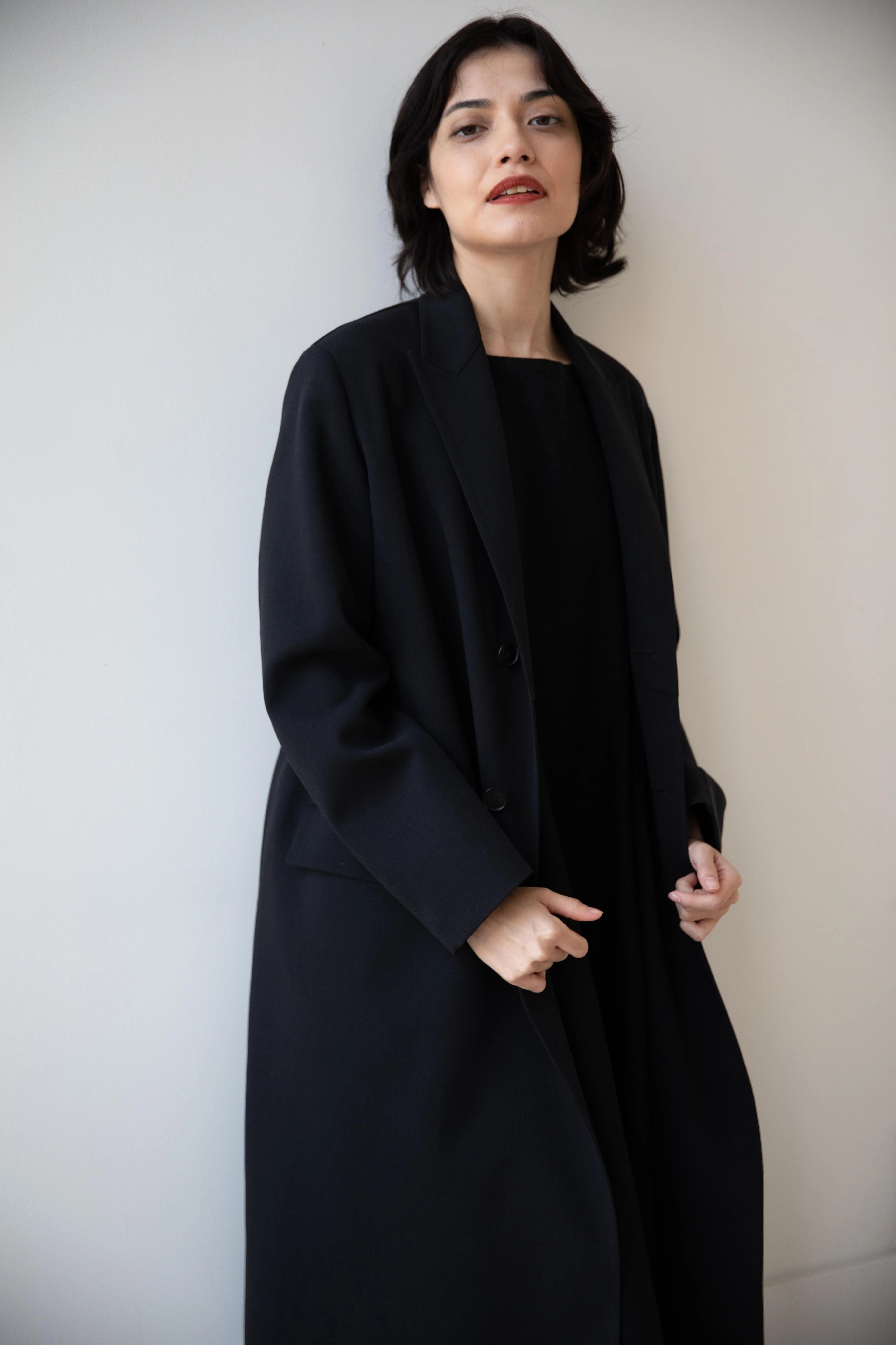 Auralee | Structured Wool Gabardine Hand Sewn Coat in Navy Black - Image 15