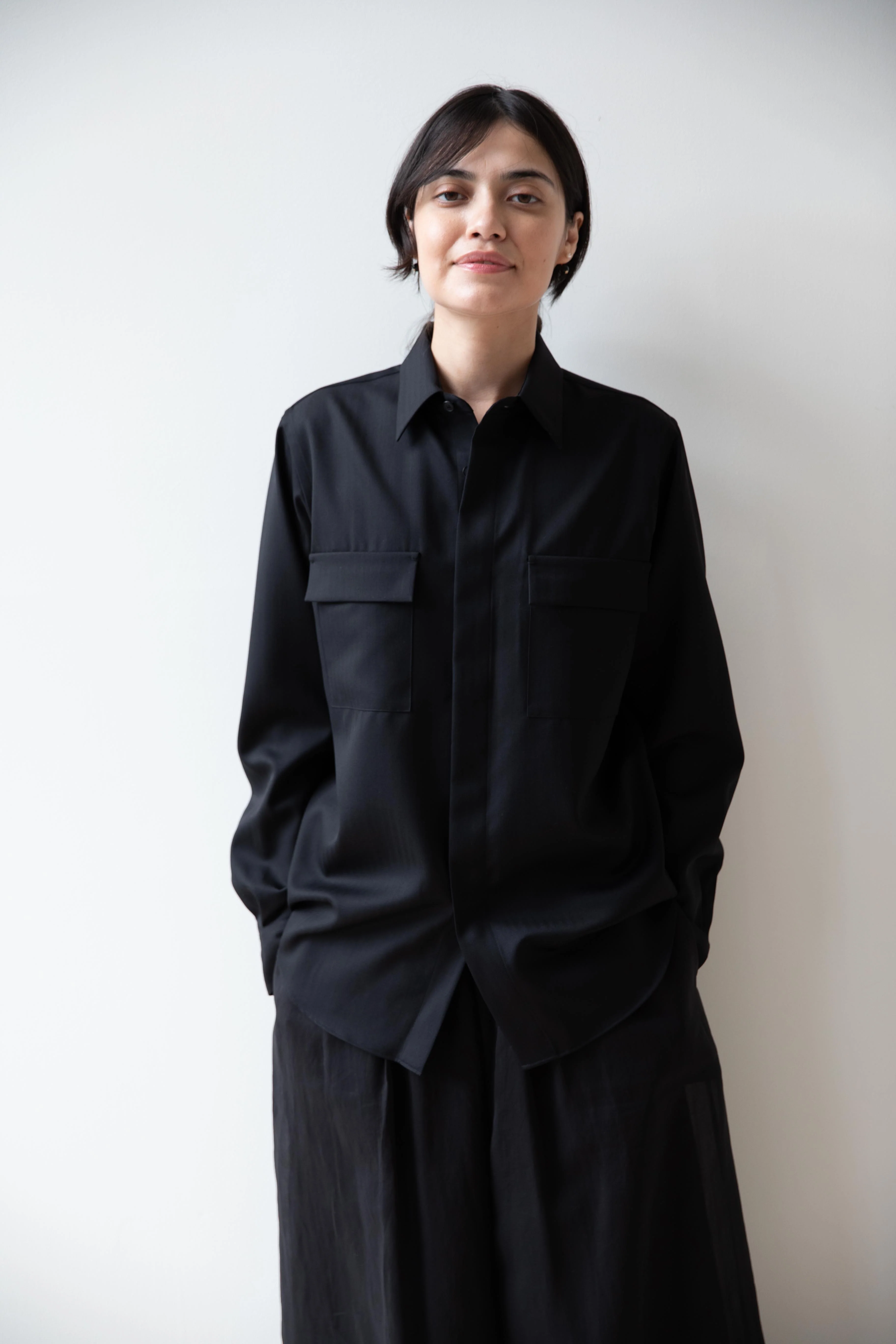 Auralee | Wool Herringbone Overshirt in Black - Image 4