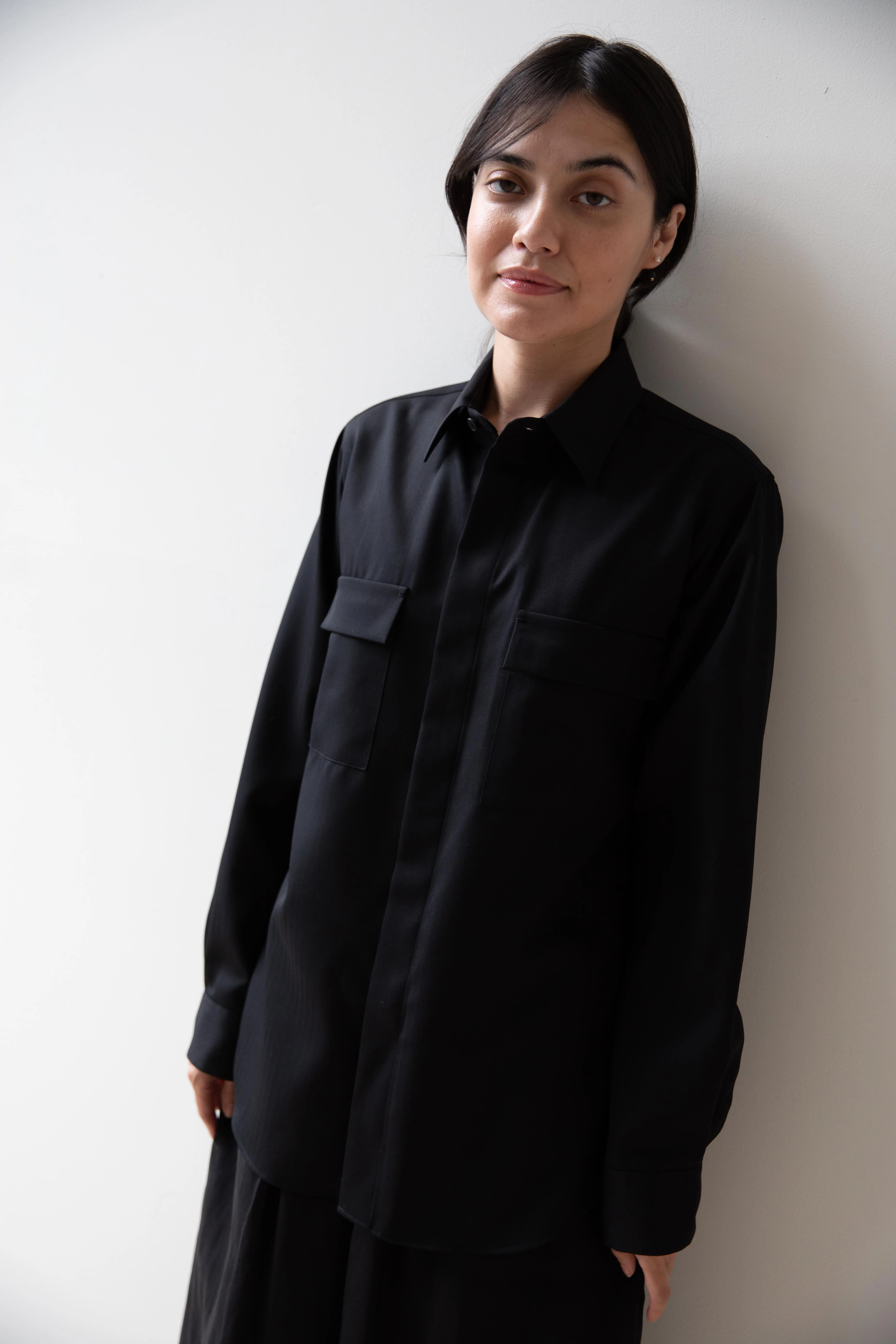 Auralee | Wool Herringbone Overshirt in Black - Image 6