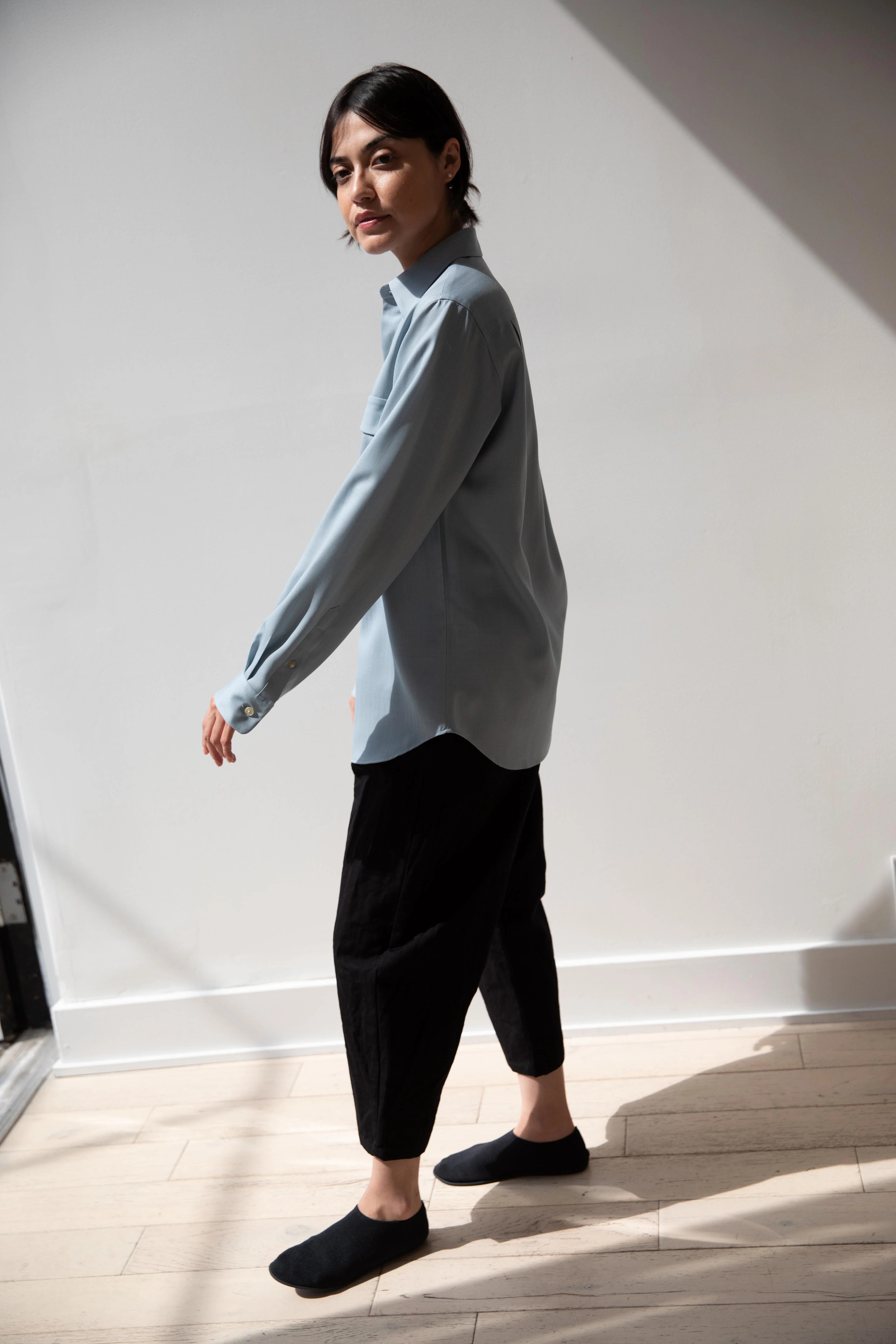 Auralee | Wool Herringbone Overshirt in Dusty Blue - Image 17
