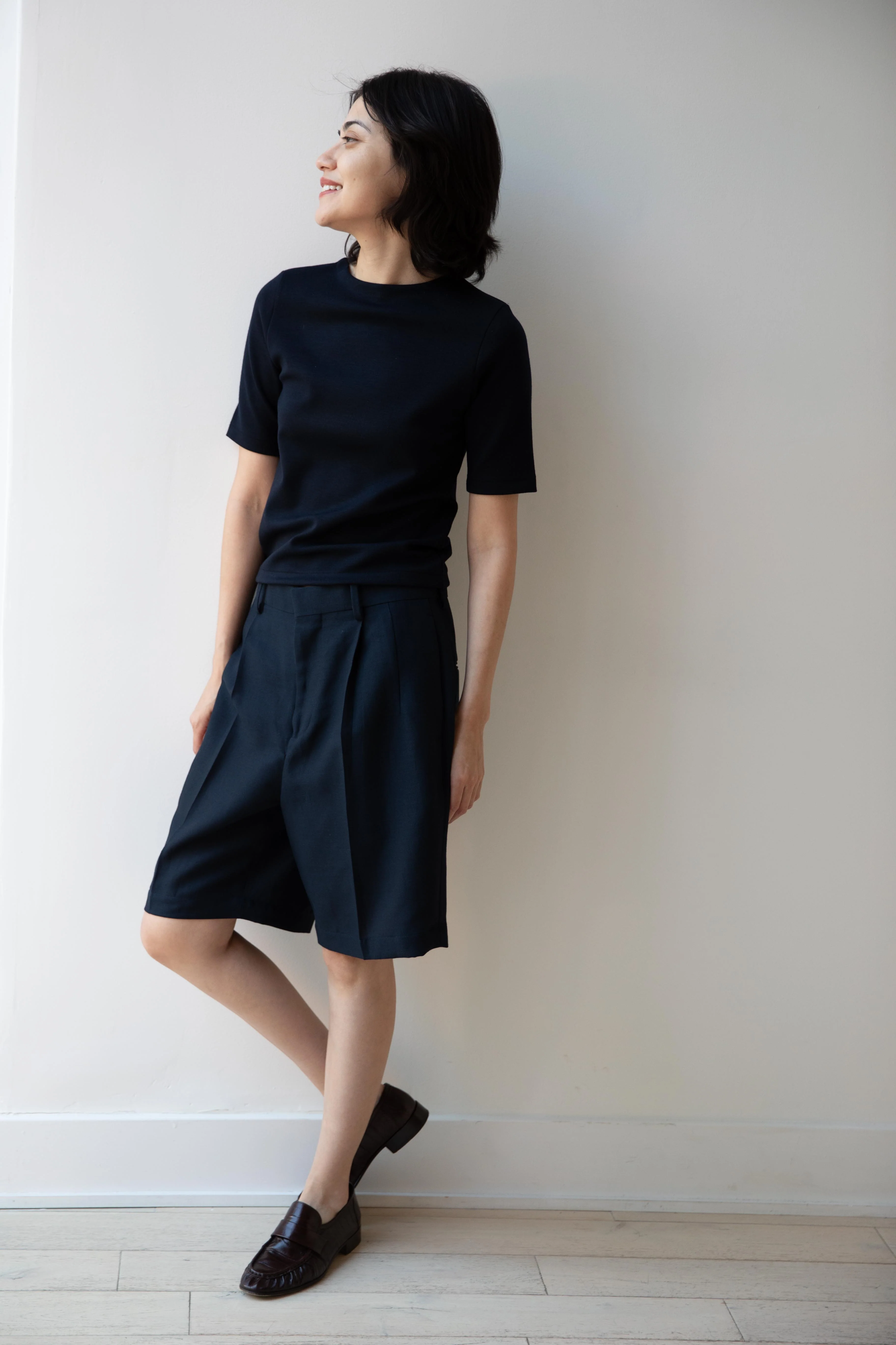 Auralee | Wool Stretch Double Jersey Boat Neck Tee in Dark Navy - Image 24