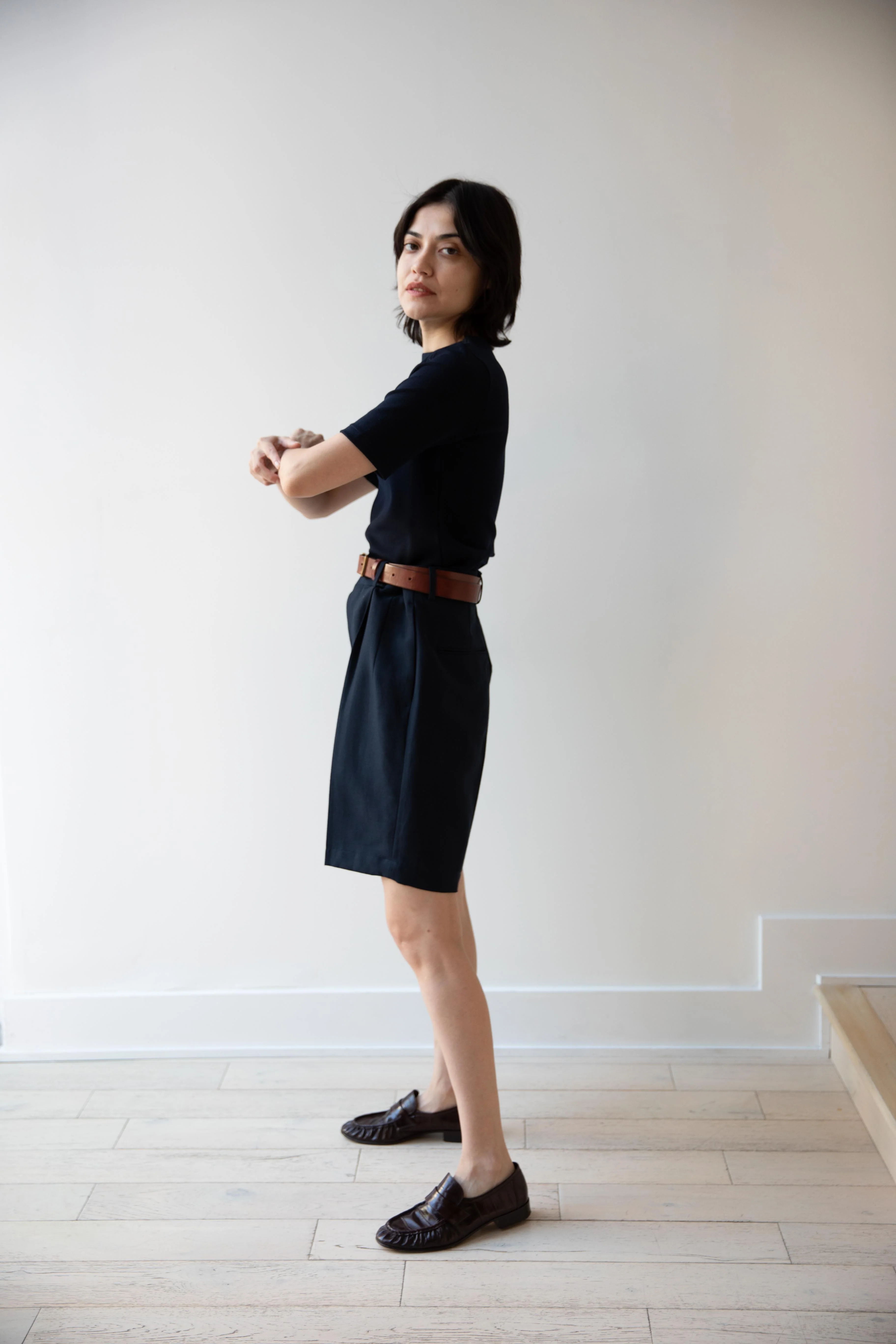 Auralee | Wool Stretch Double Jersey Boat Neck Tee in Dark Navy - Image 31