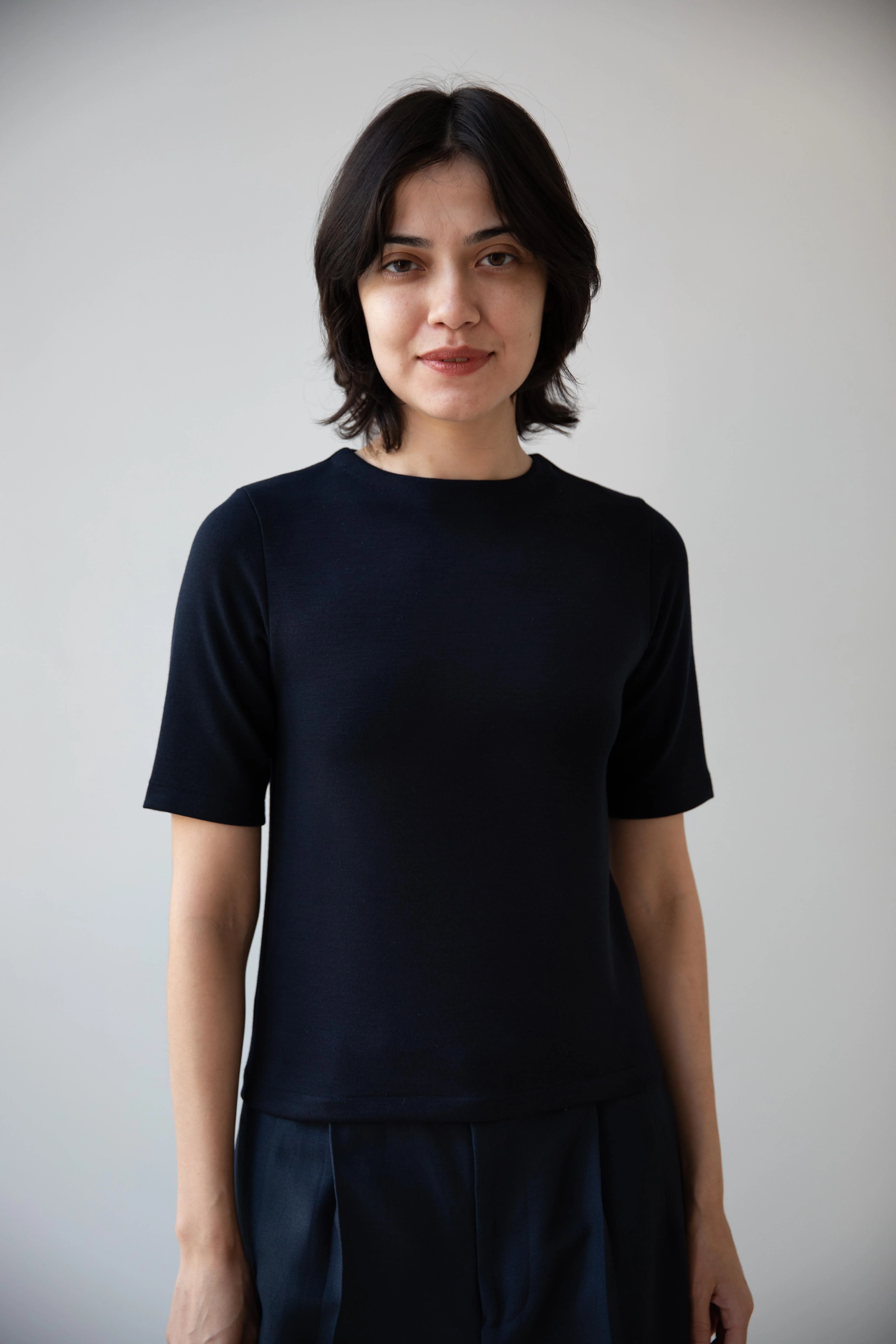 Auralee | Wool Stretch Double Jersey Boat Neck Tee in Dark Navy - Image 8