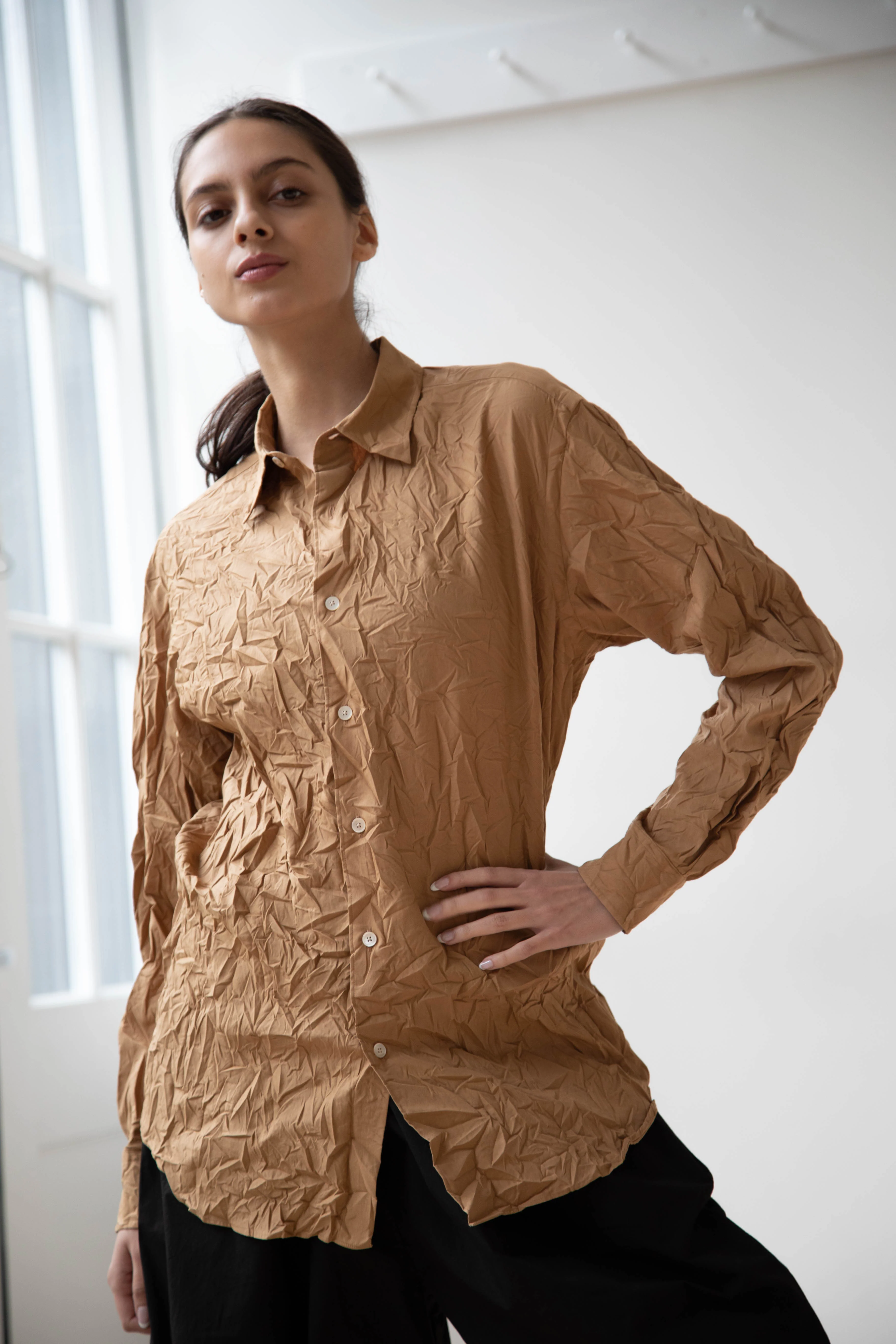 Auralee | Wrinkled Washed Finx Shirt in Brown - Image 9