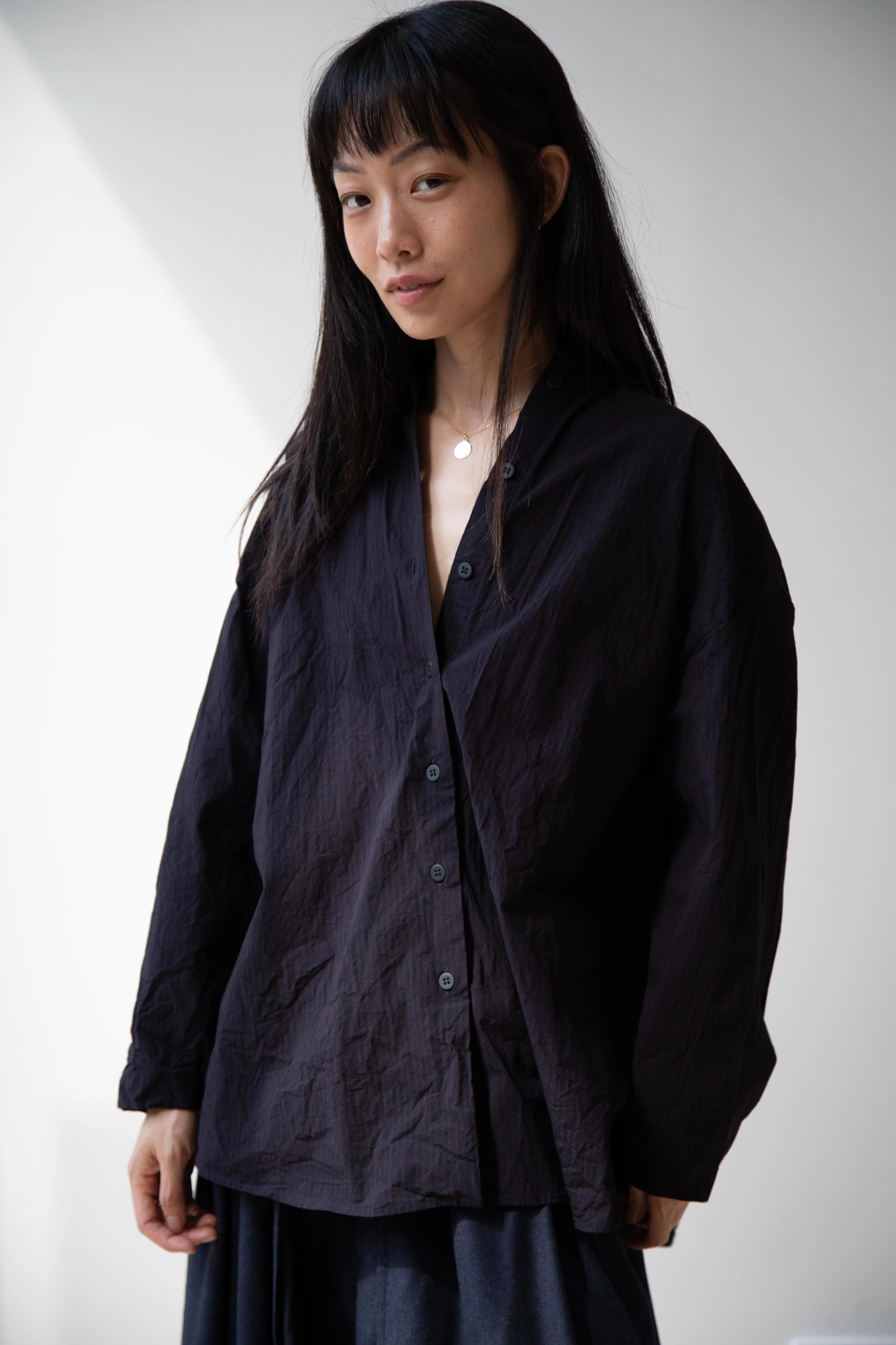 Bergfabel | Long Overshirt in Burgundy Black Stripes - Image 2