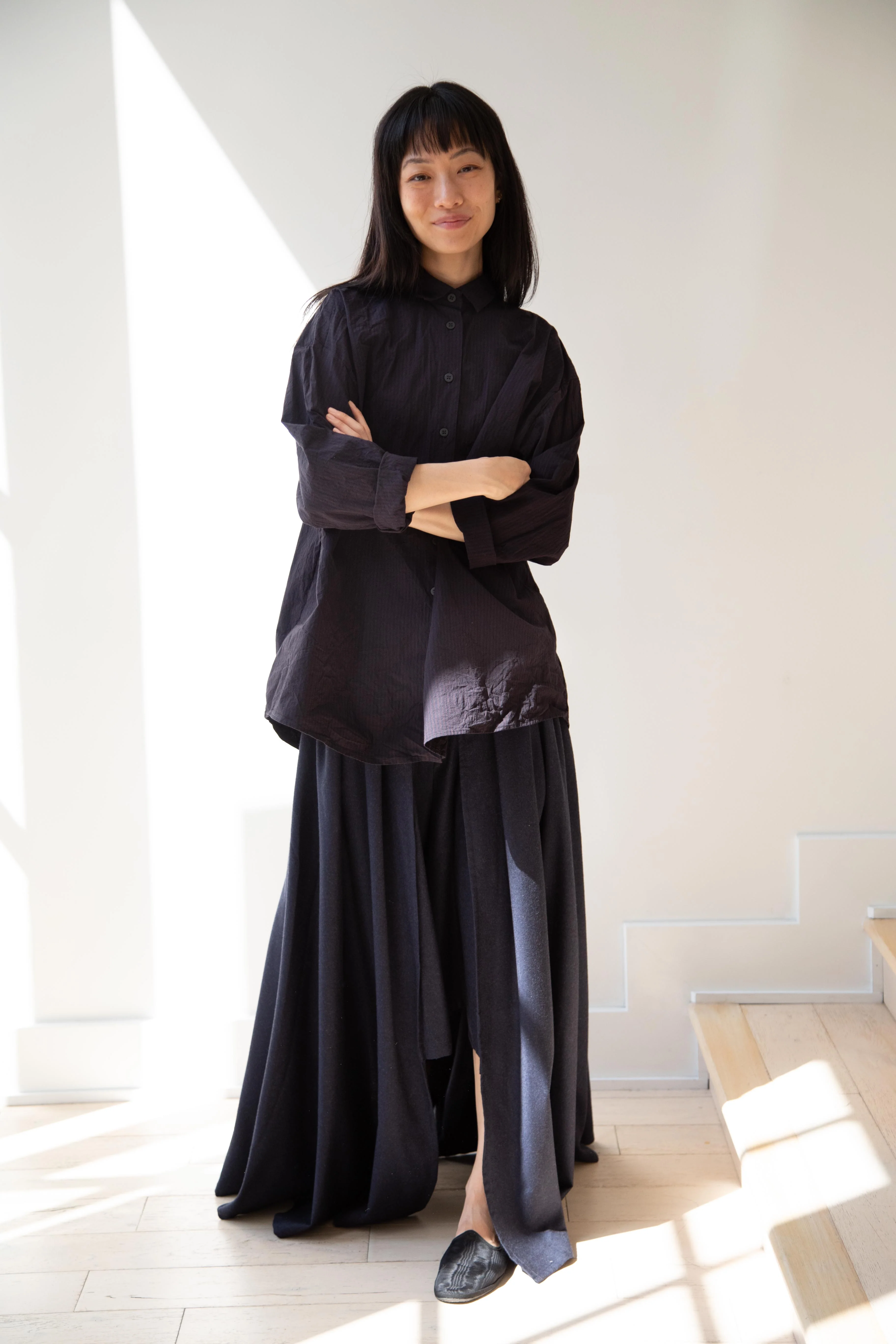 Bergfabel | Long Overshirt in Burgundy Black Stripes - Image 45