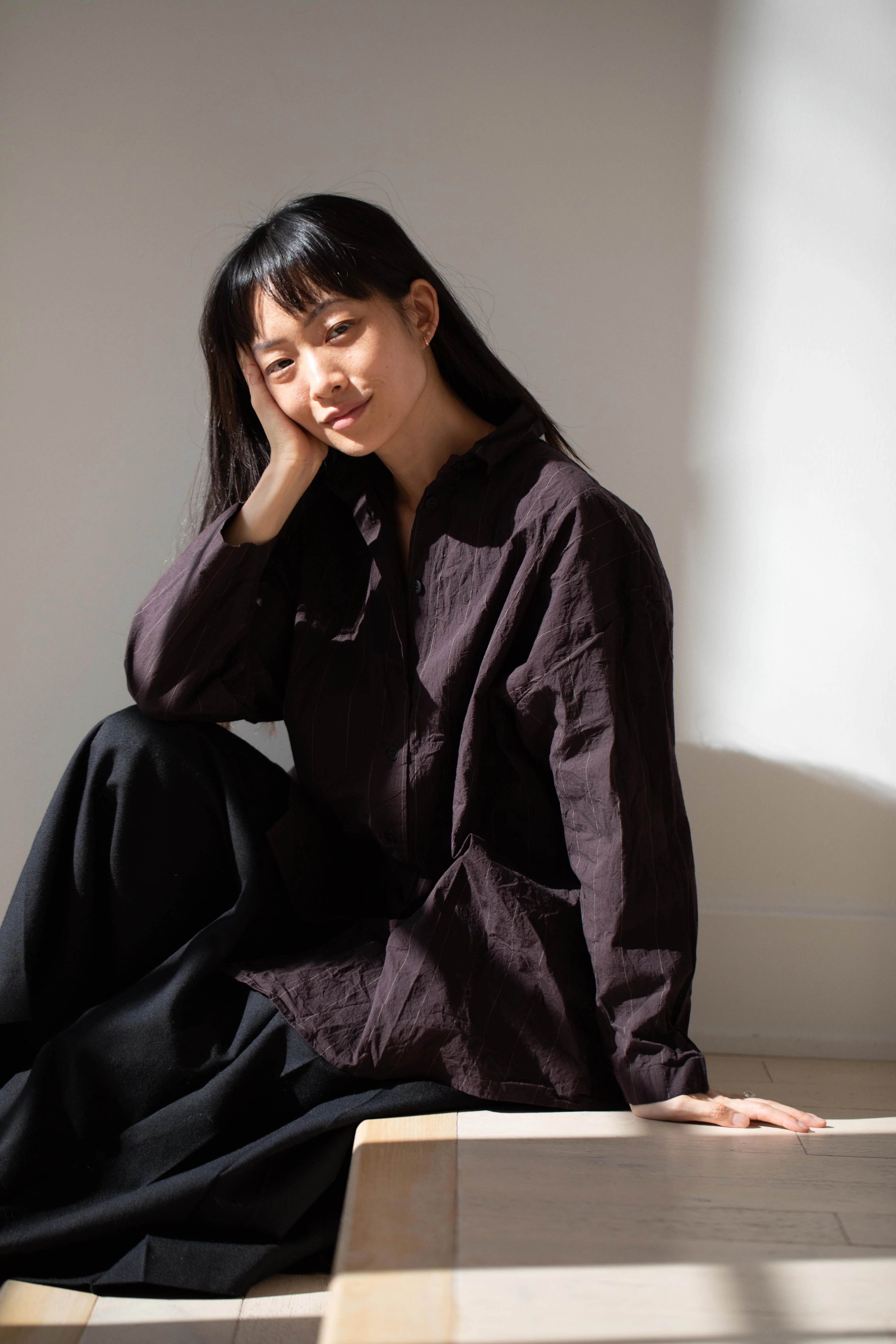Bergfabel | Long Overshirt in Eggplant Stripe - Image 13