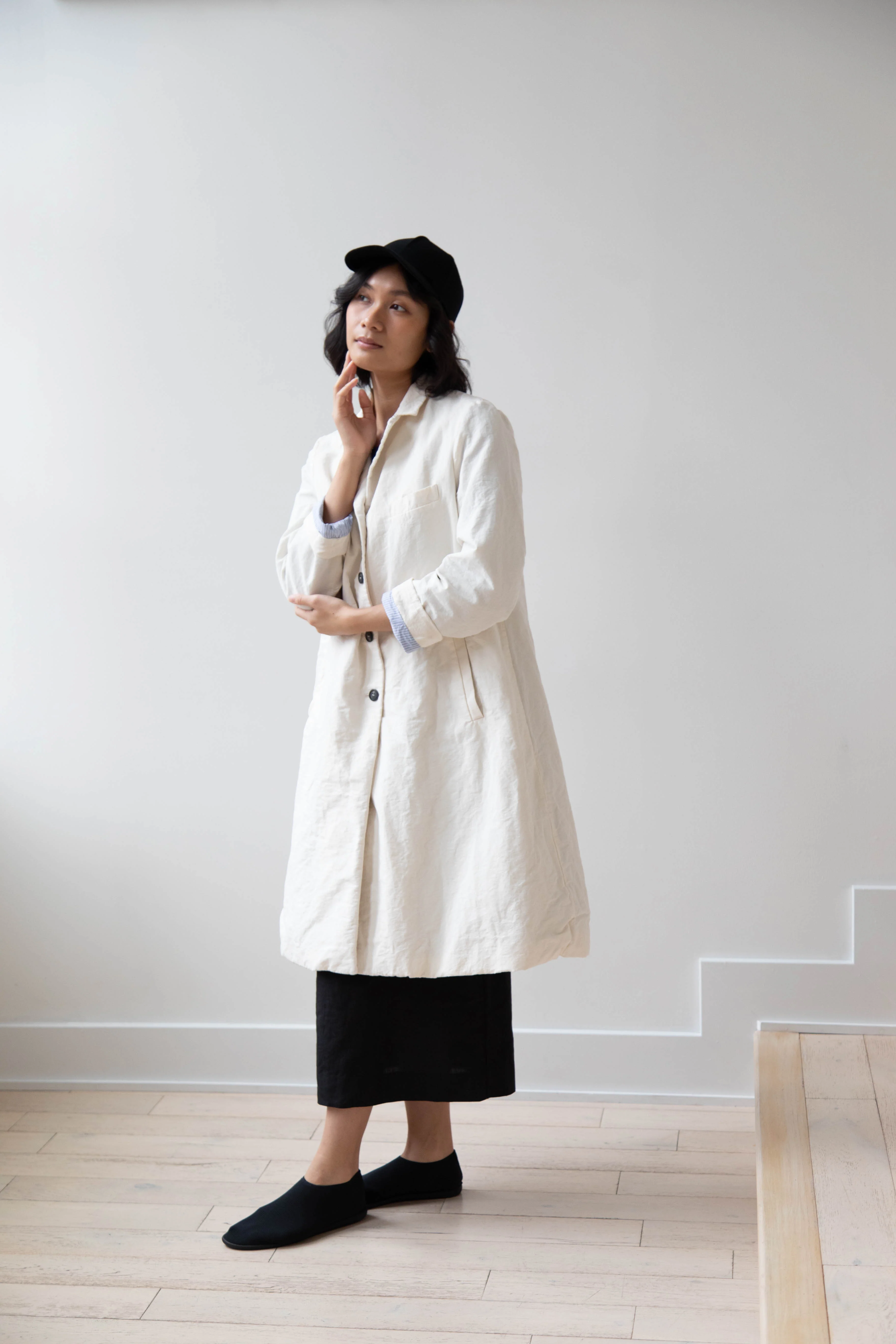 Bergfabel | Farmer Coat in Off White Cotton Linen - Image 19