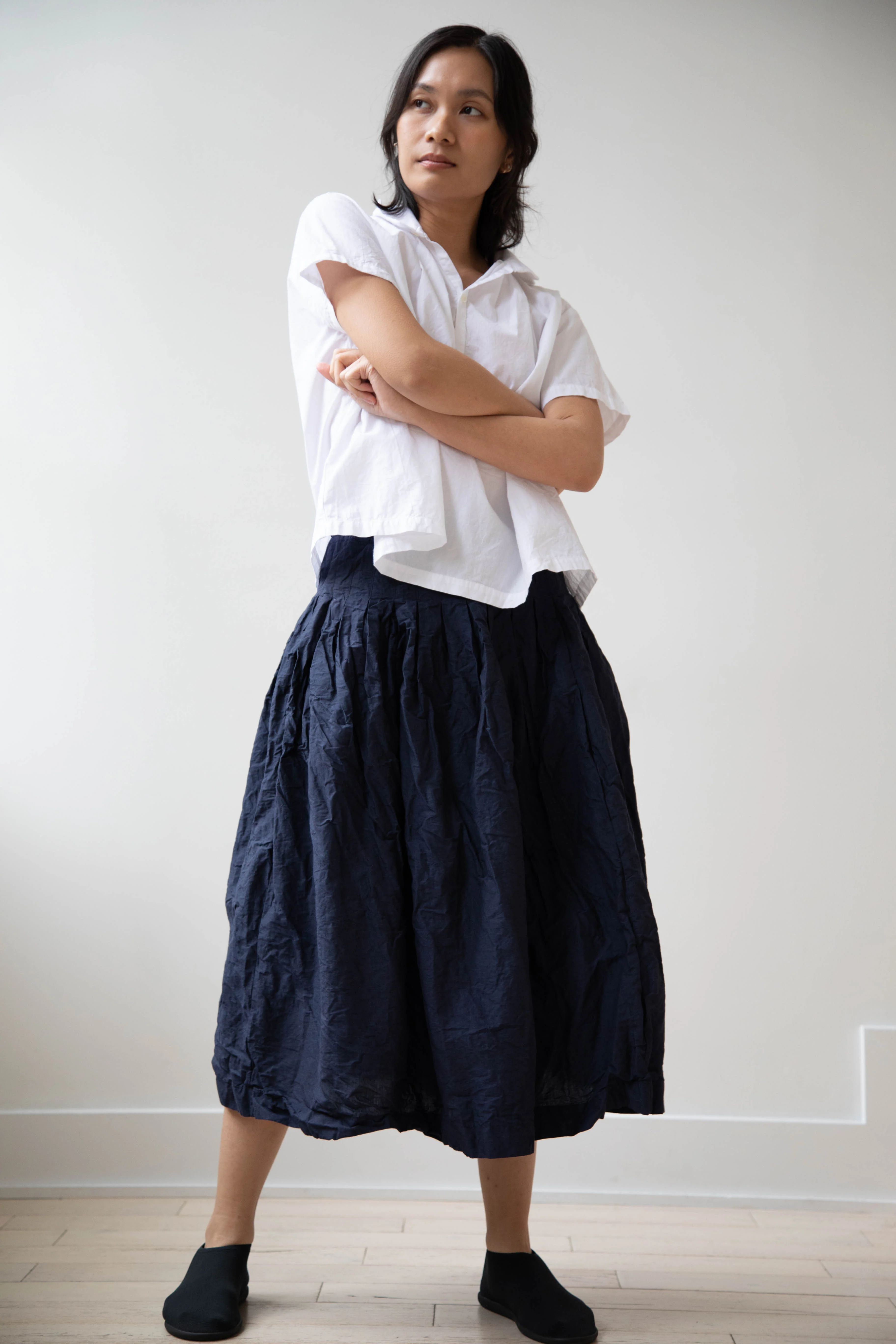 Bergfabel | Farmer Skirt in Navy Cotton Linen Crinkle - Image 21