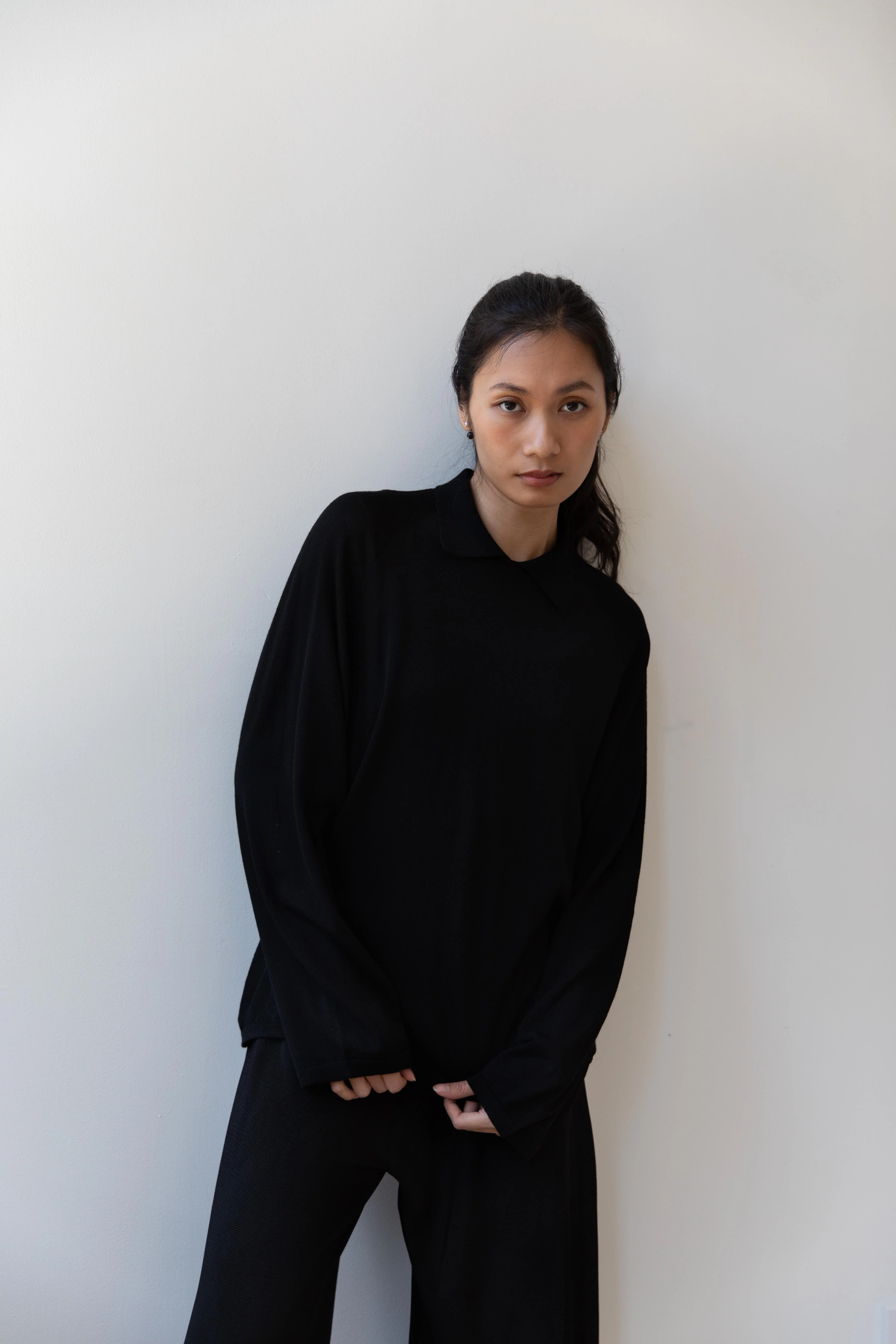 Cancellato Uniform | Light Weight Wool Long Sleeve Polo Shirt in Black - Image 11
