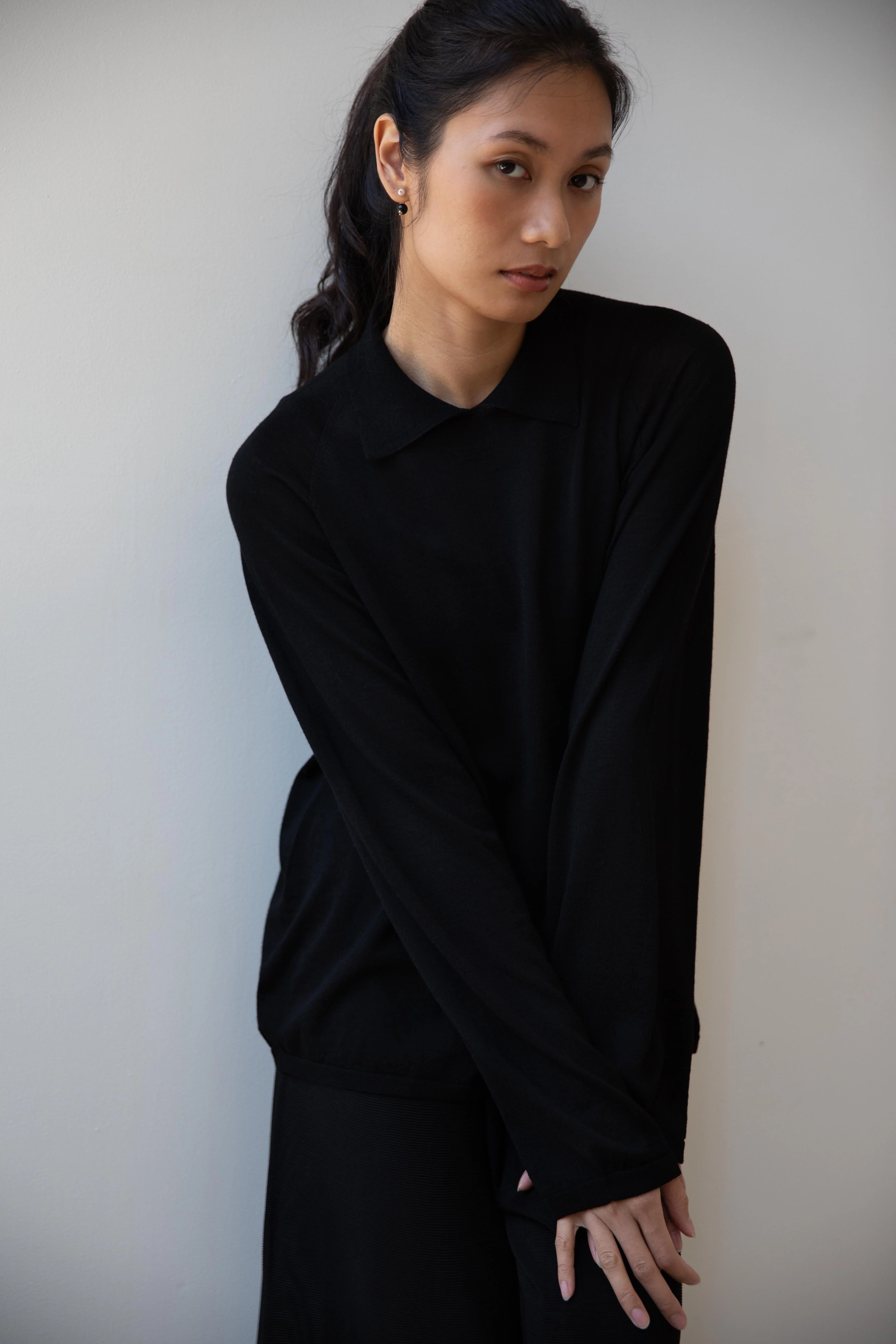 Cancellato Uniform | Light Weight Wool Long Sleeve Polo Shirt in Black - Image 12