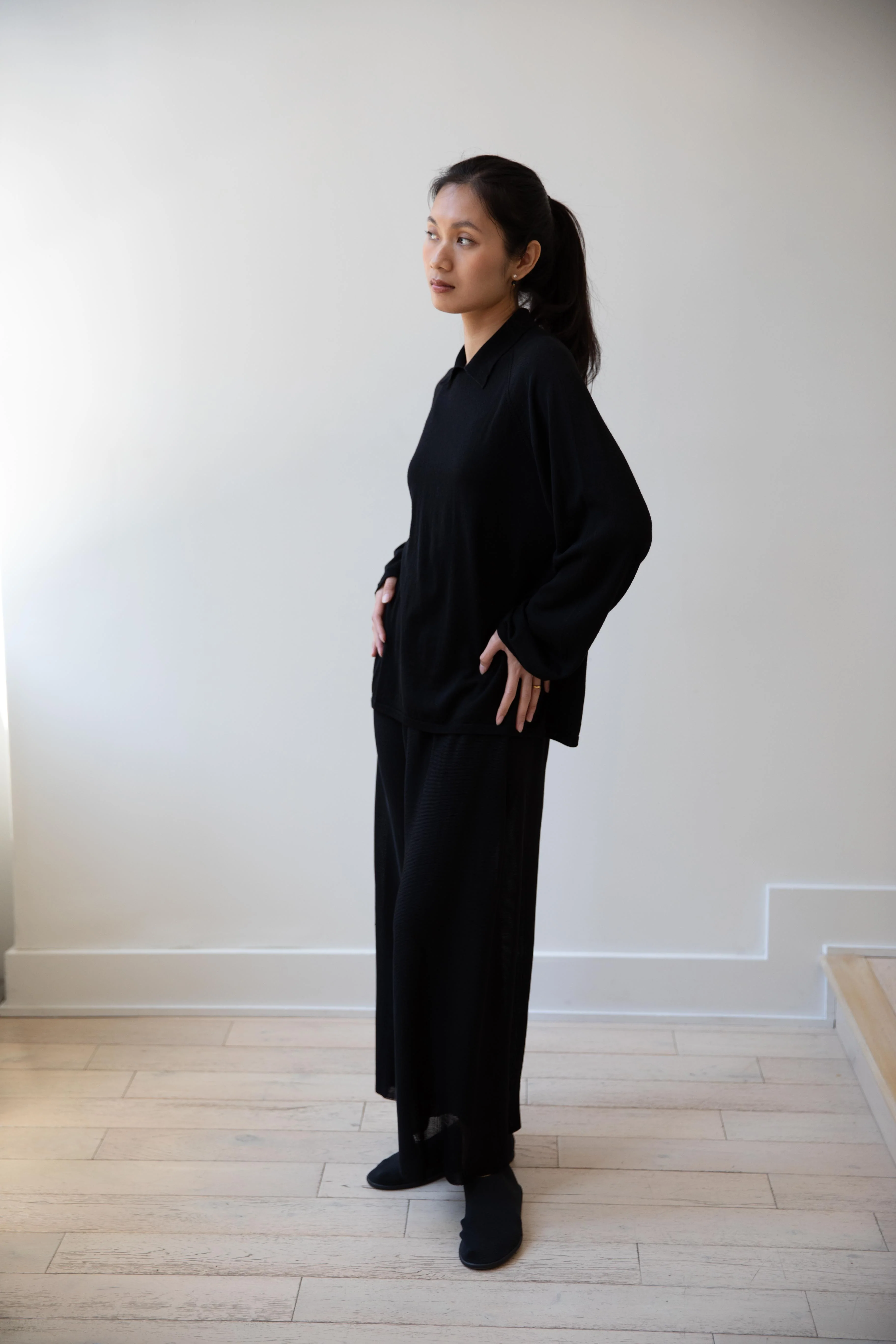 Cancellato Uniform | Light Weight Wool Long Sleeve Polo Shirt in Black - Image 5