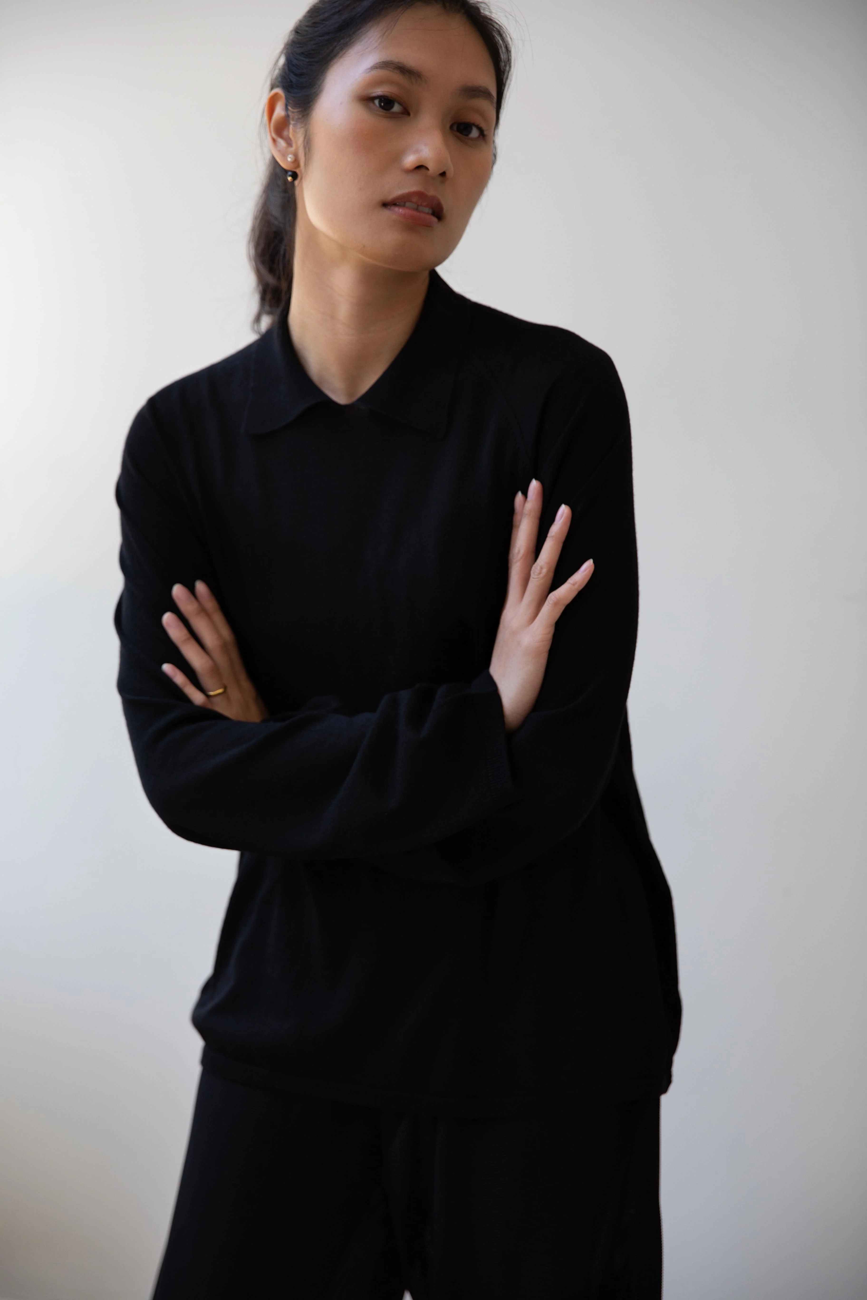 Cancellato Uniform | Light Weight Wool Long Sleeve Polo Shirt in Black - Image 7