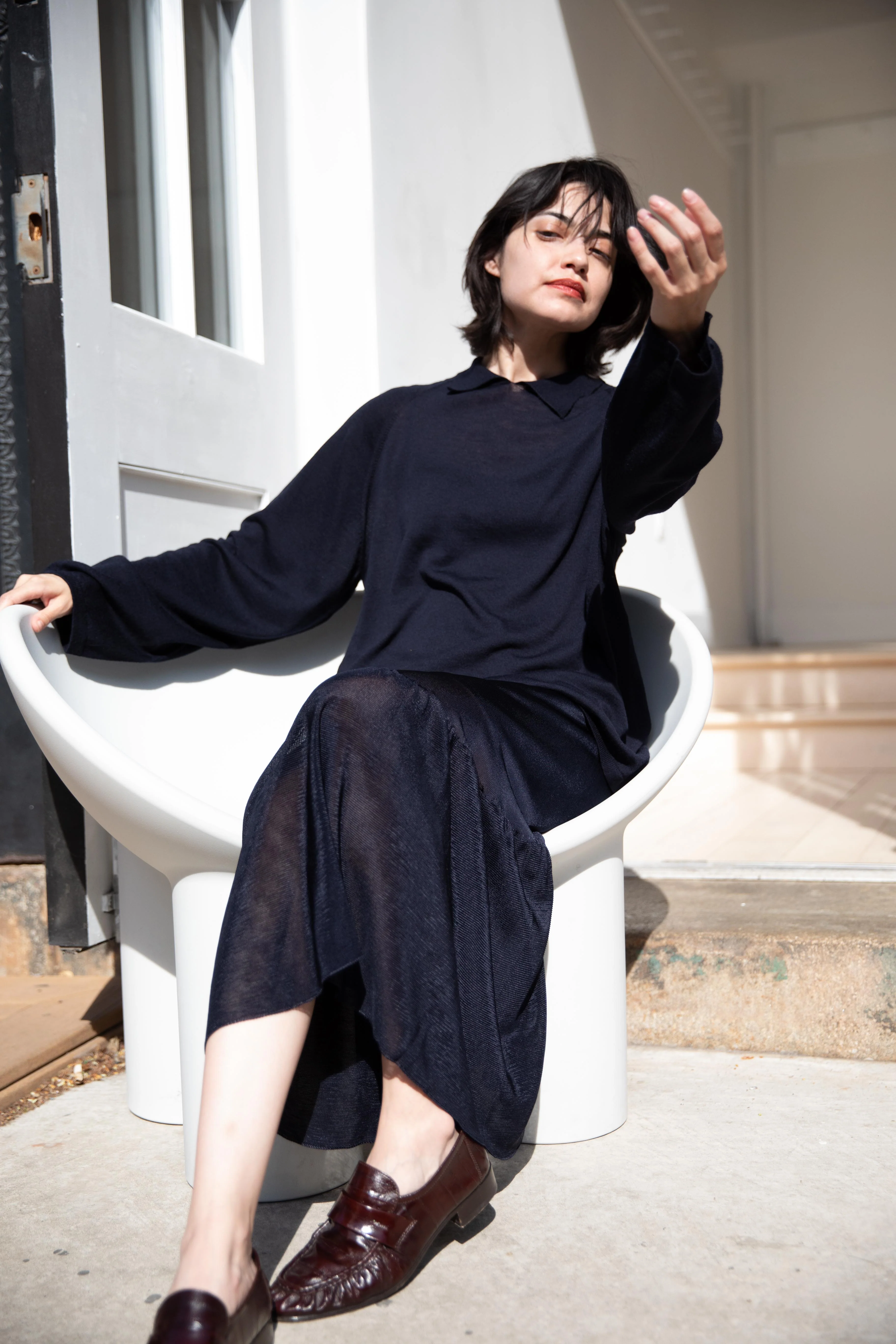 Cancellato Uniform | Light Weight Wool Long Sleeve Polo Shirt in Navy - Image 38