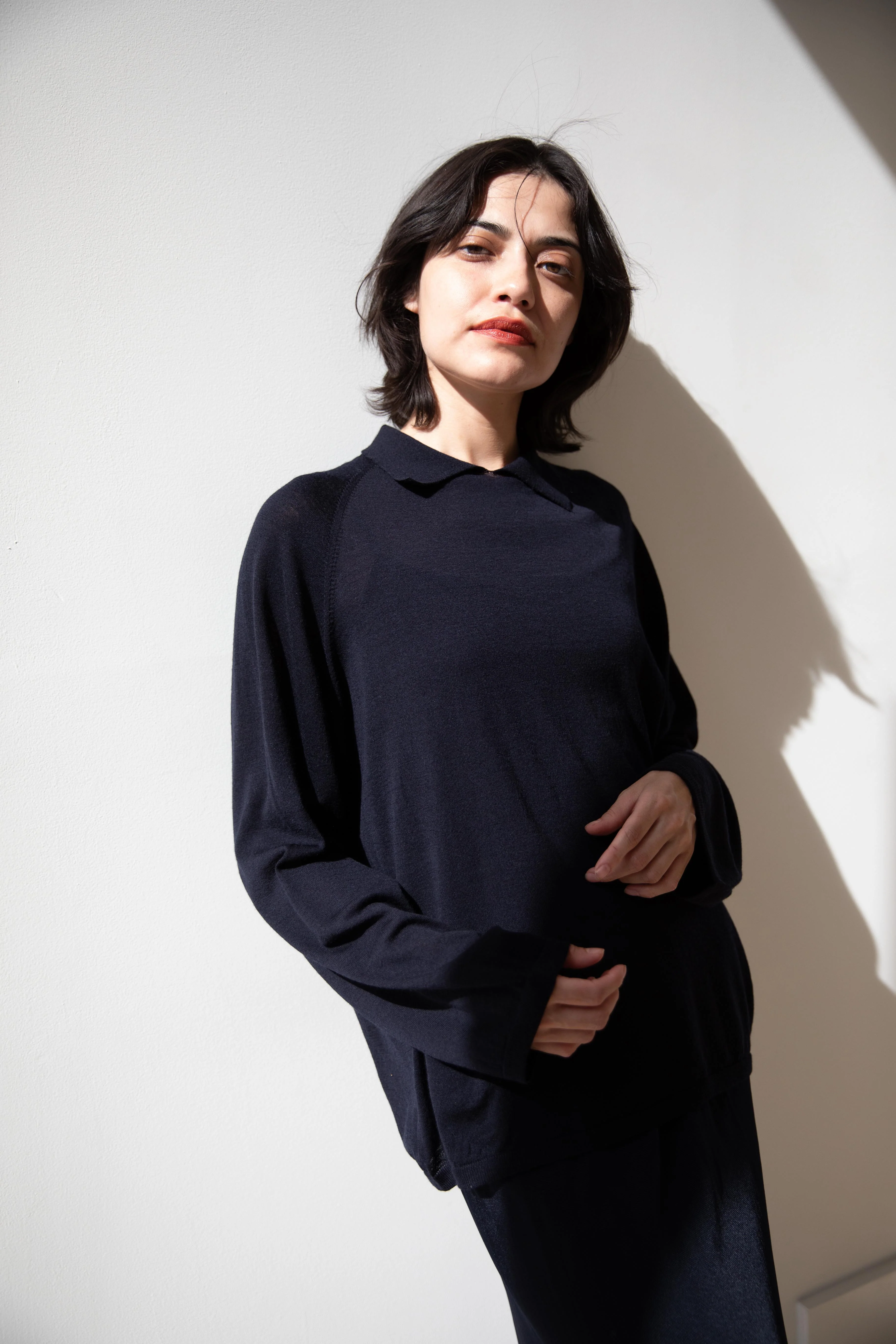 Cancellato Uniform | Light Weight Wool Long Sleeve Polo Shirt in Navy - Image 40