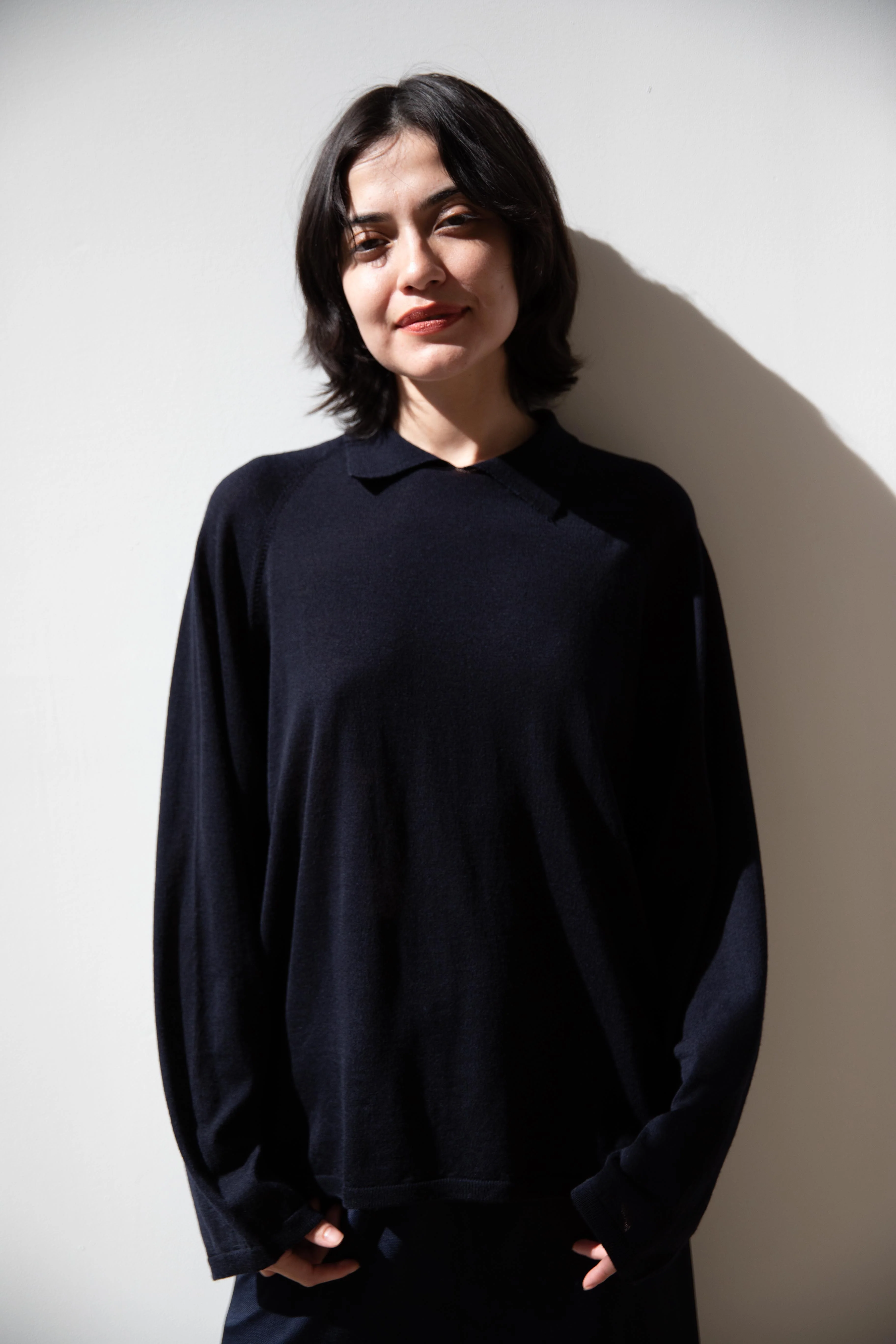 Cancellato Uniform | Light Weight Wool Long Sleeve Polo Shirt in Navy - Image 44