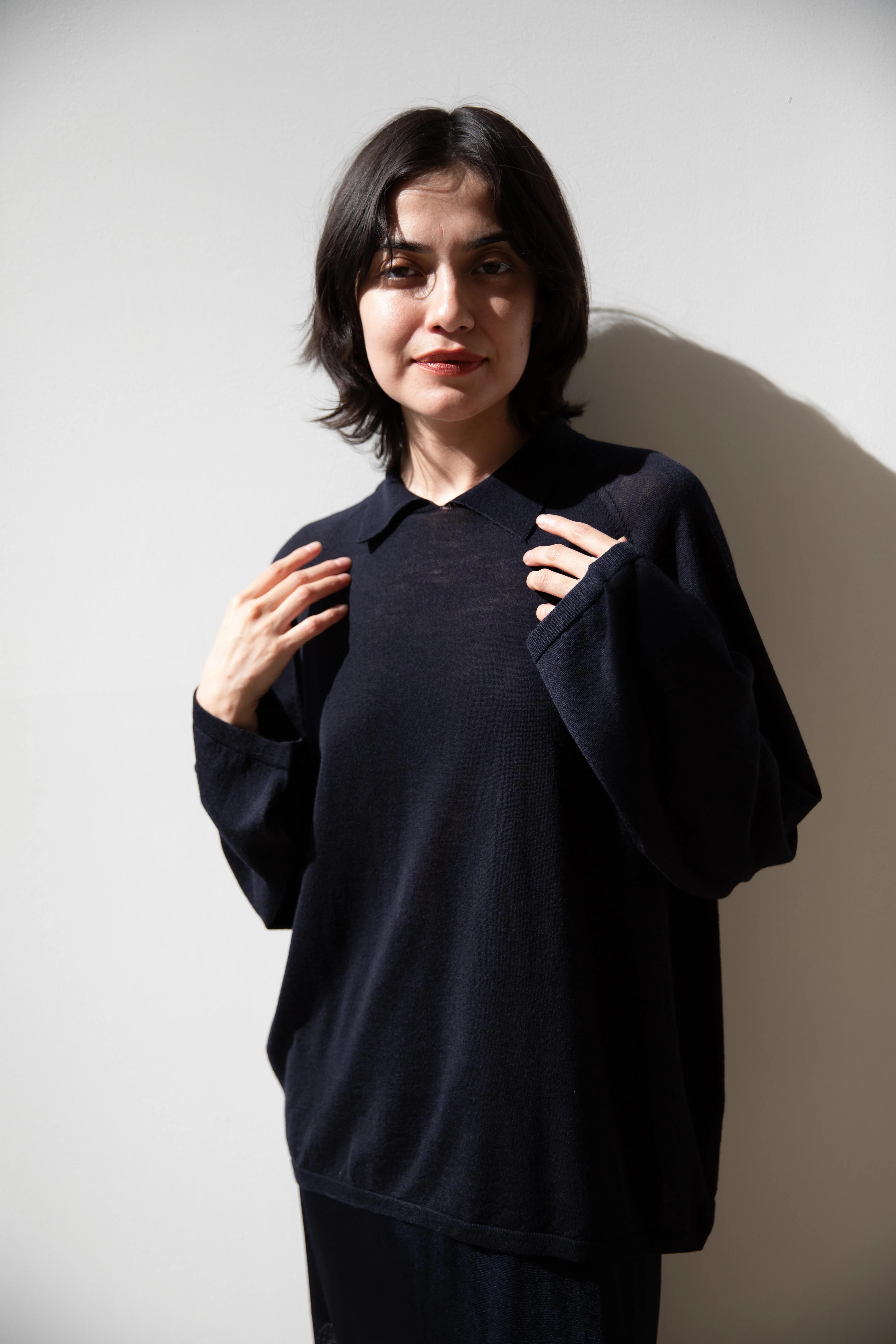 Cancellato Uniform | Light Weight Wool Long Sleeve Polo Shirt in Navy - Image 6