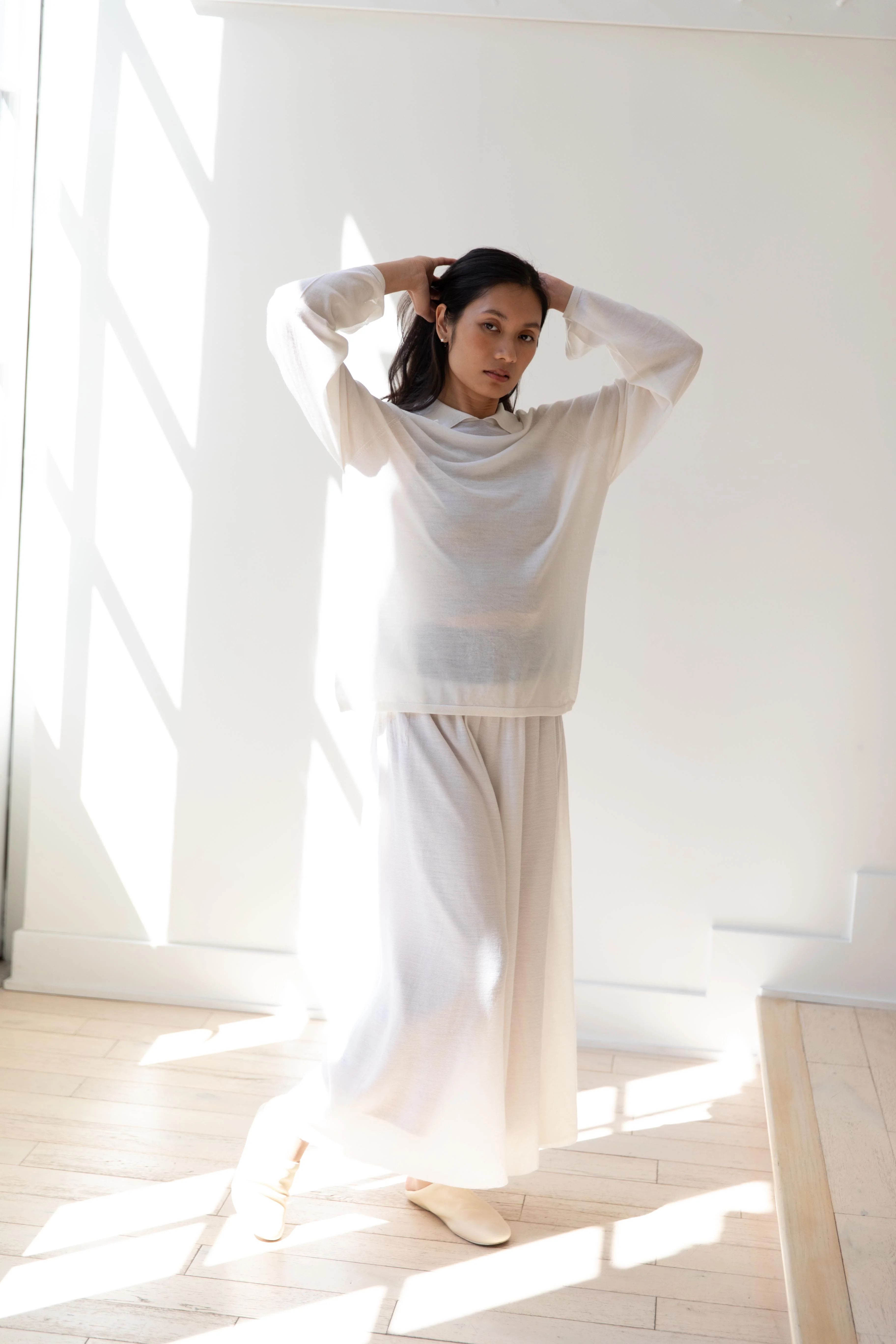 Cancellato Uniform | Light Weight Wool Long Sleeve Polo Shirt in White - Image 9