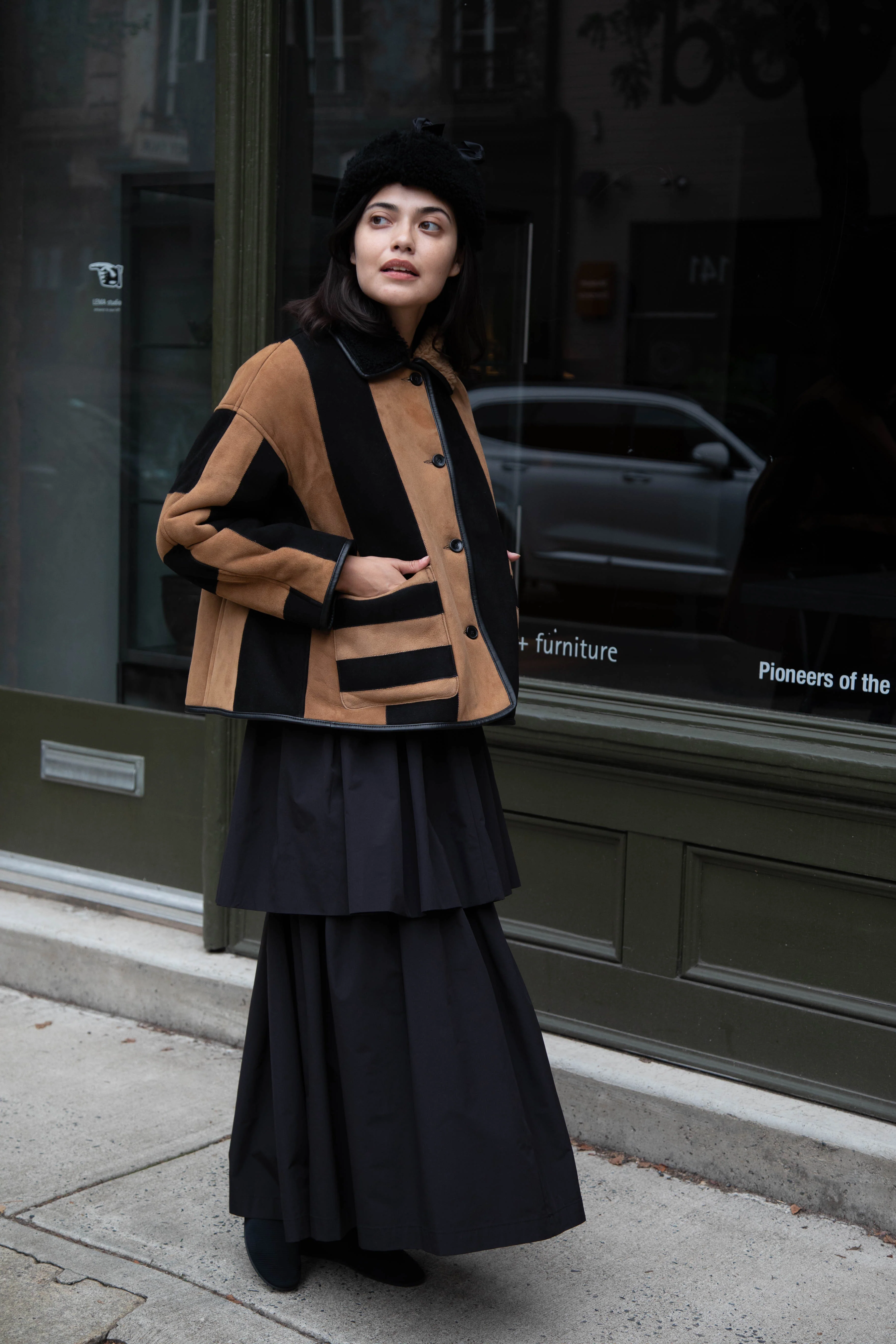 Cawley | Striped Shearling Avis Jacket in Black & Tan - Image 60