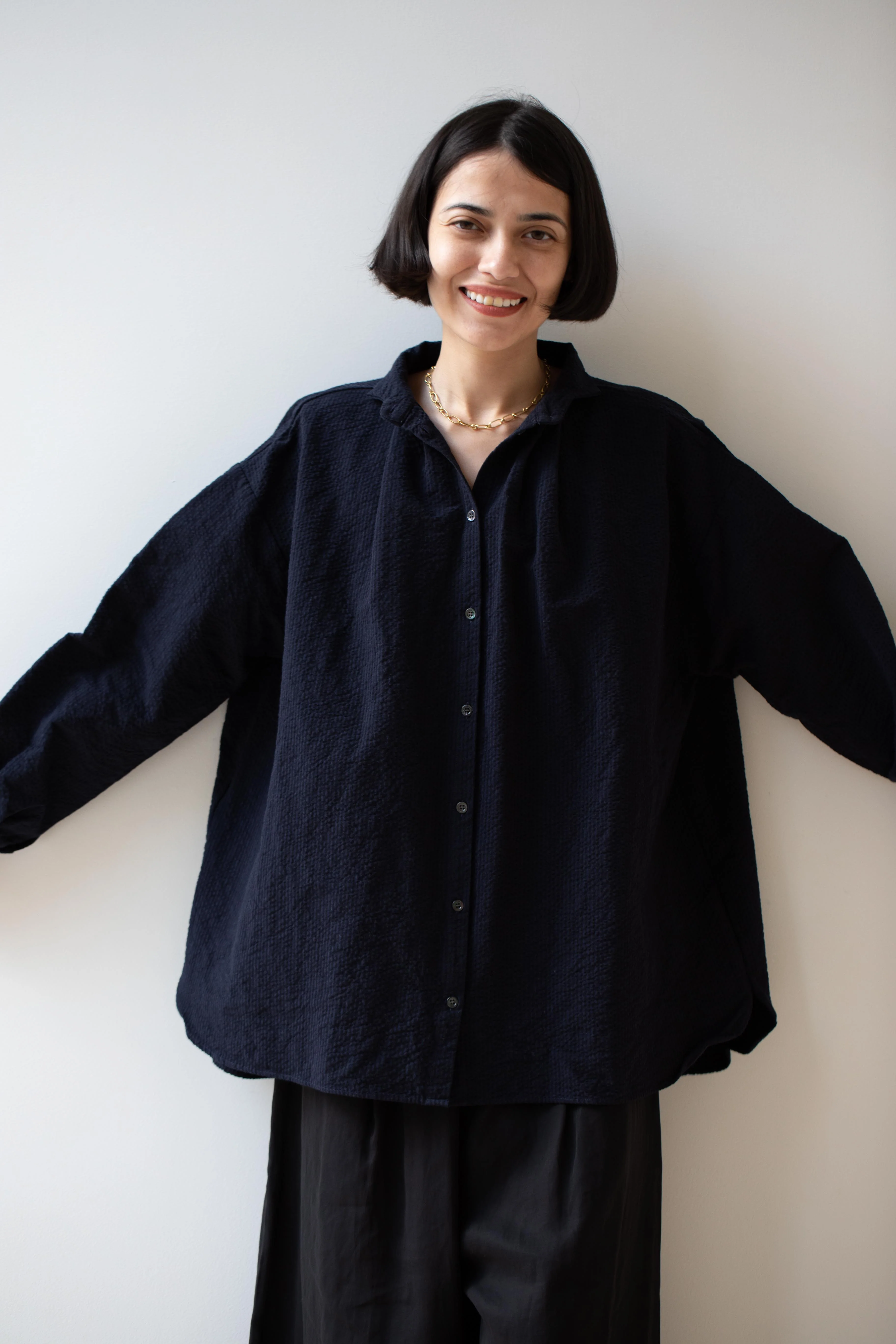 Gallego Desportes | Antik Seersucker Cotton Shirt Navy - Image 26