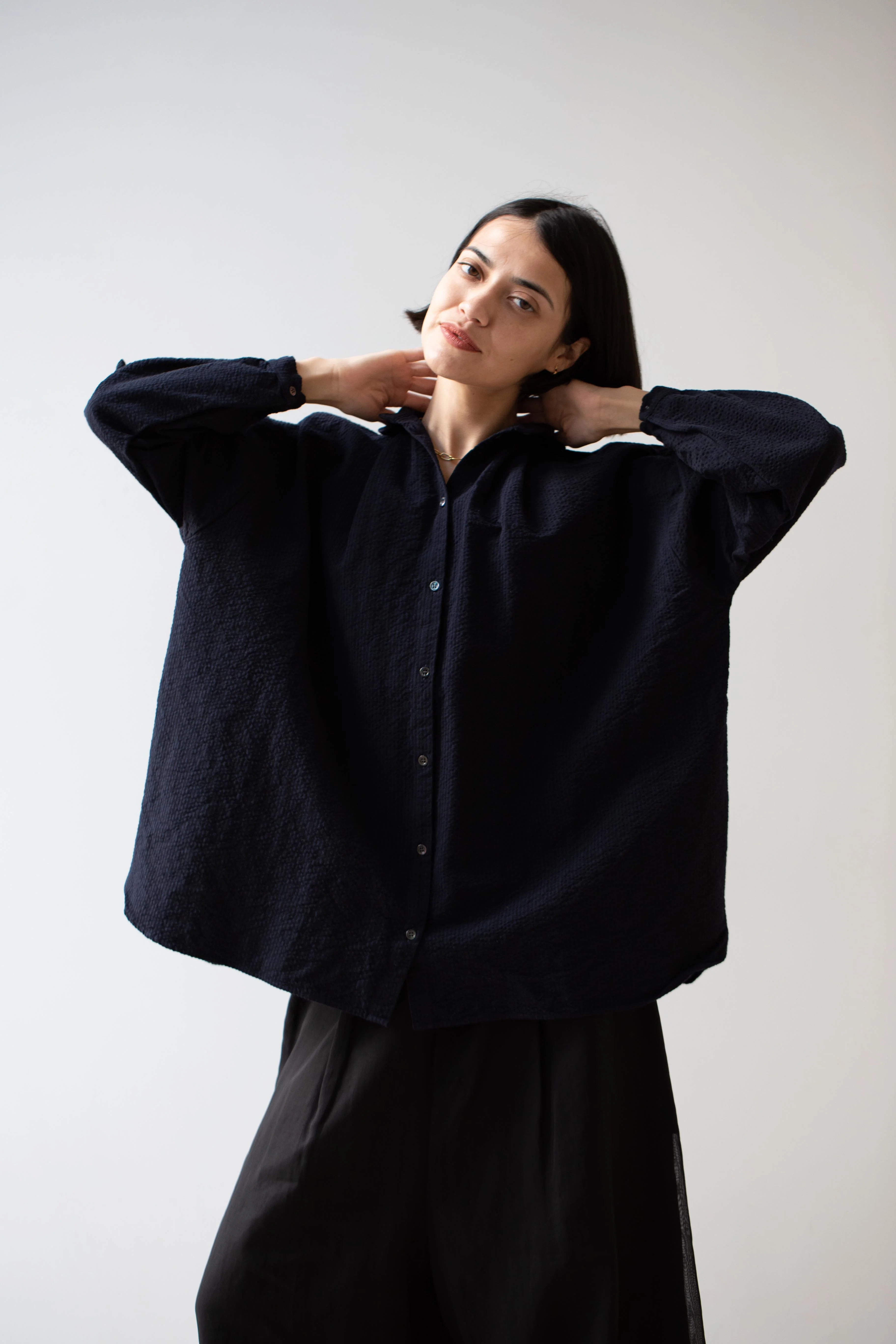 Gallego Desportes | Antik Seersucker Cotton Shirt Navy - Image 33