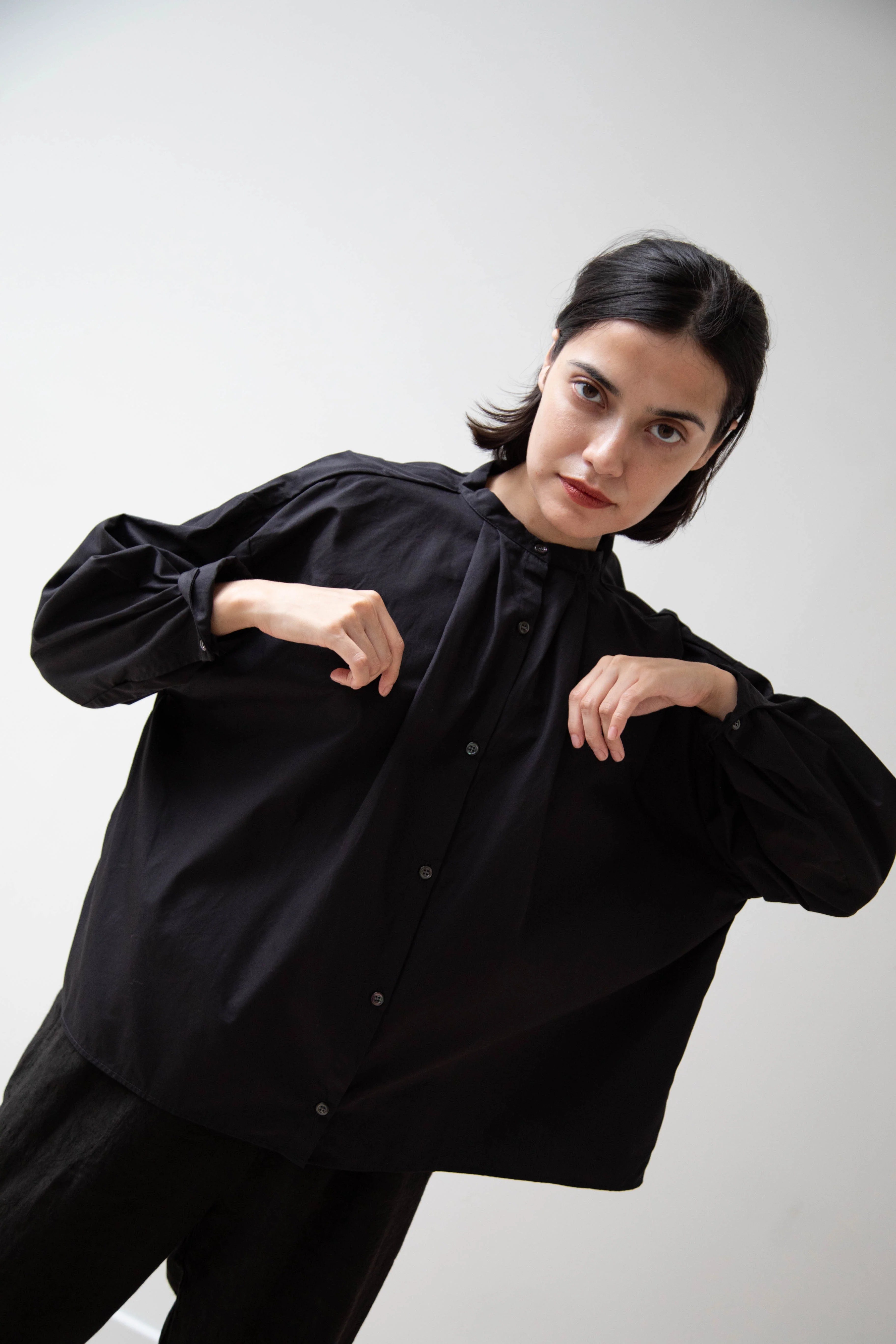 Gallego Desportes | Band Collar Top in Black Cotton - Image 24