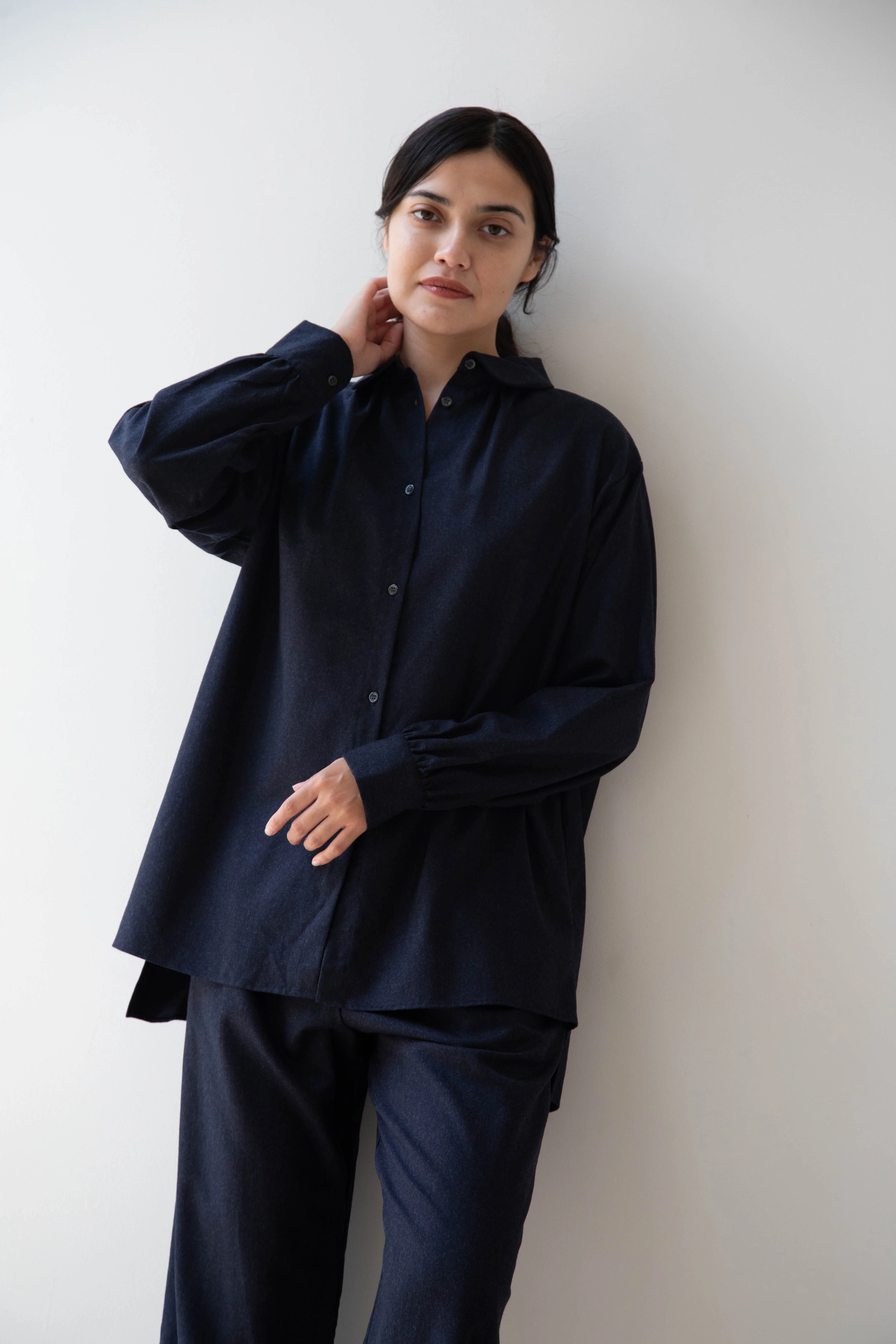Gallego Desportes | Round Collar Shirt in Navy Wool - Image 24
