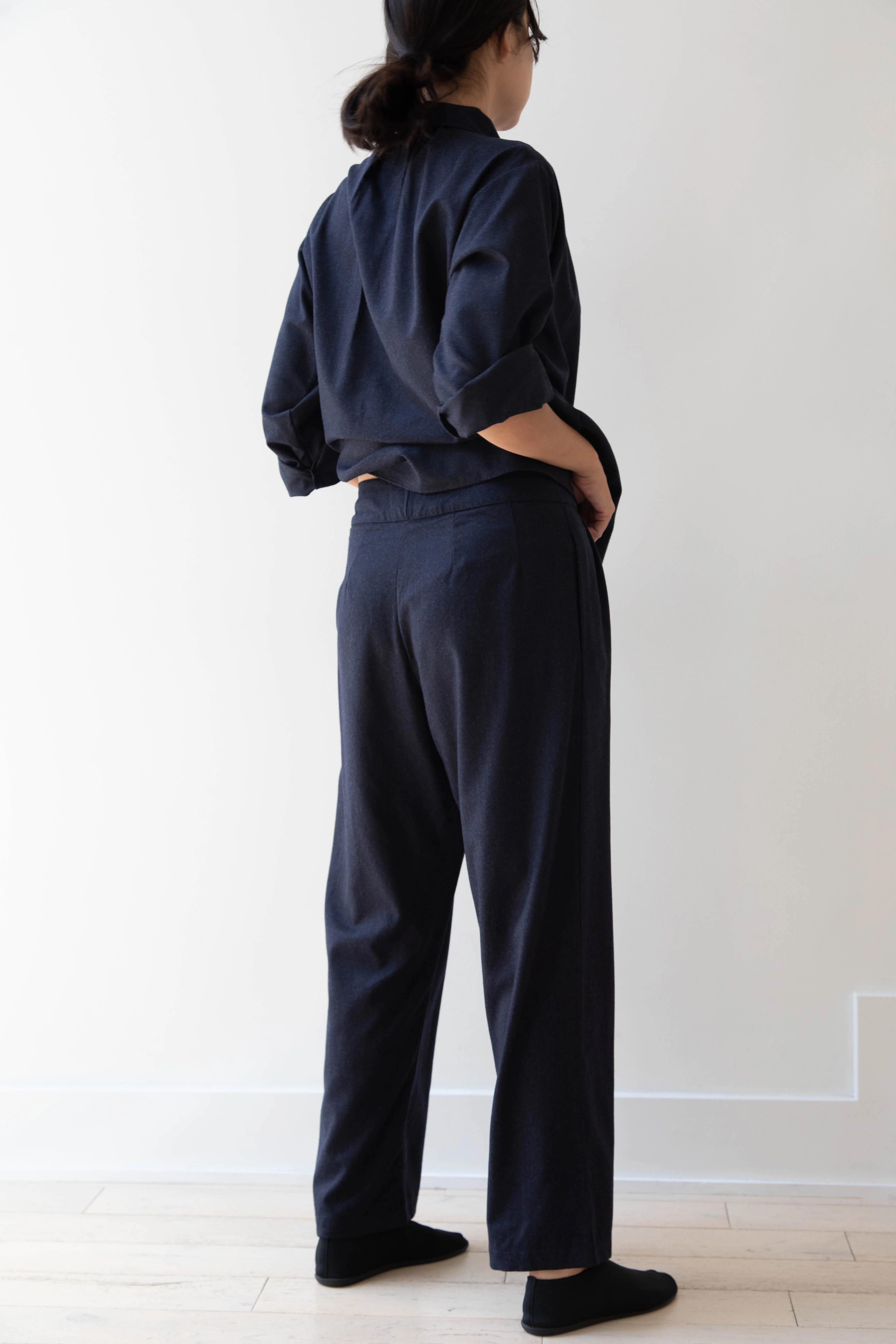 Gallego Desportes | Round Collar Shirt in Navy Wool - Image 60