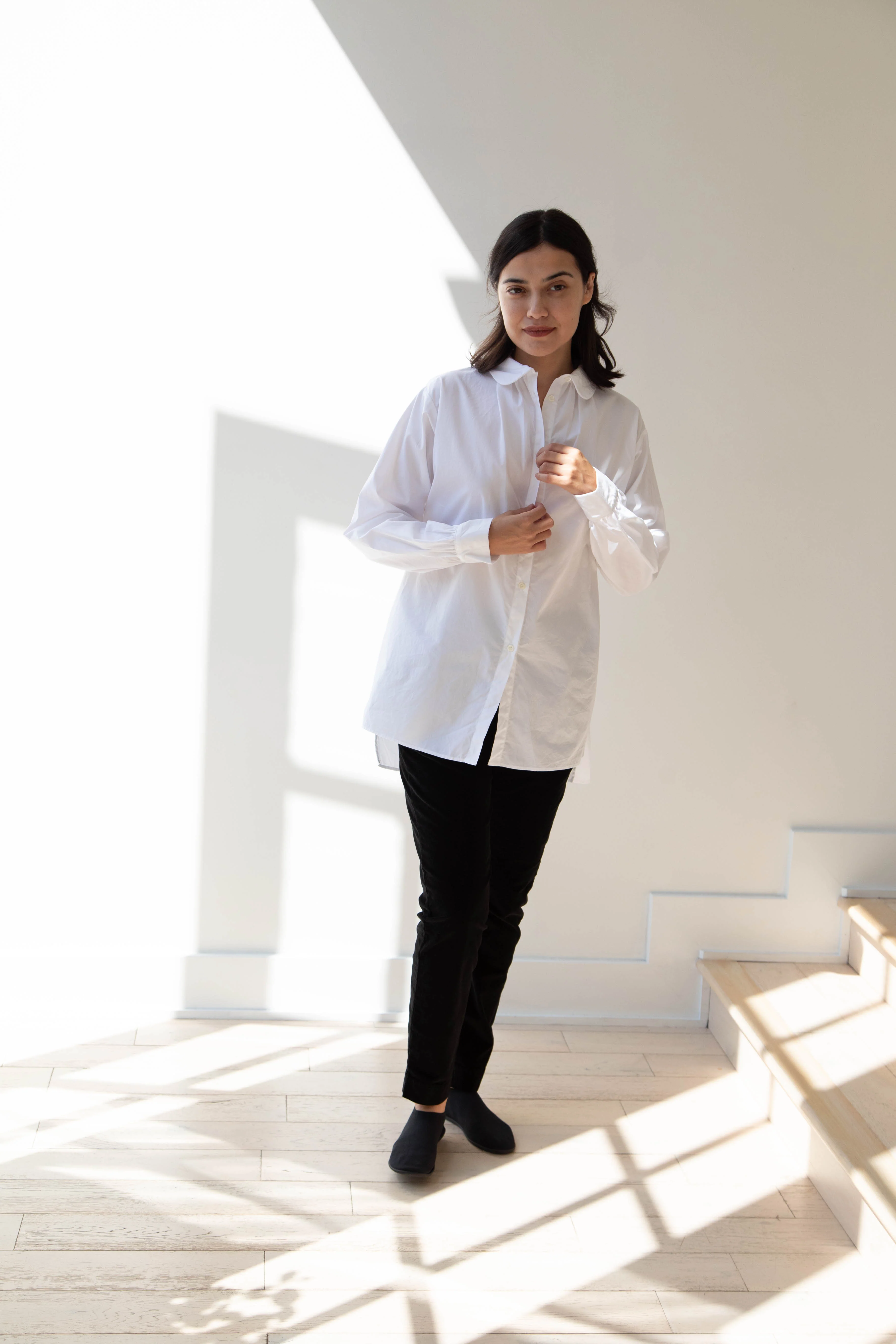Gallego Desportes | Round Collar Shirt in White Poplin - Image 11