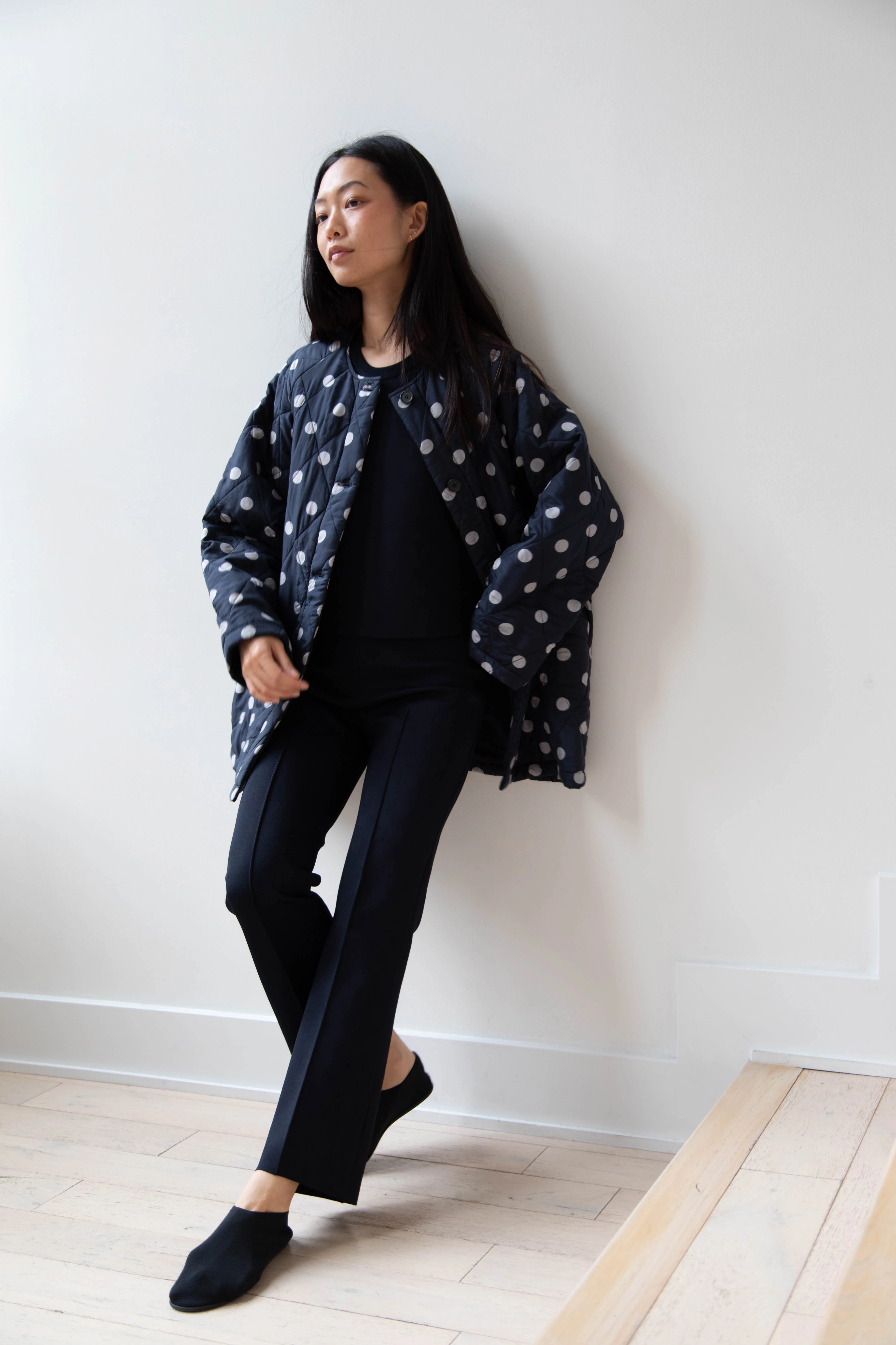 Maison de Soil | Quilted Dot Coat in Navy - Image 13
