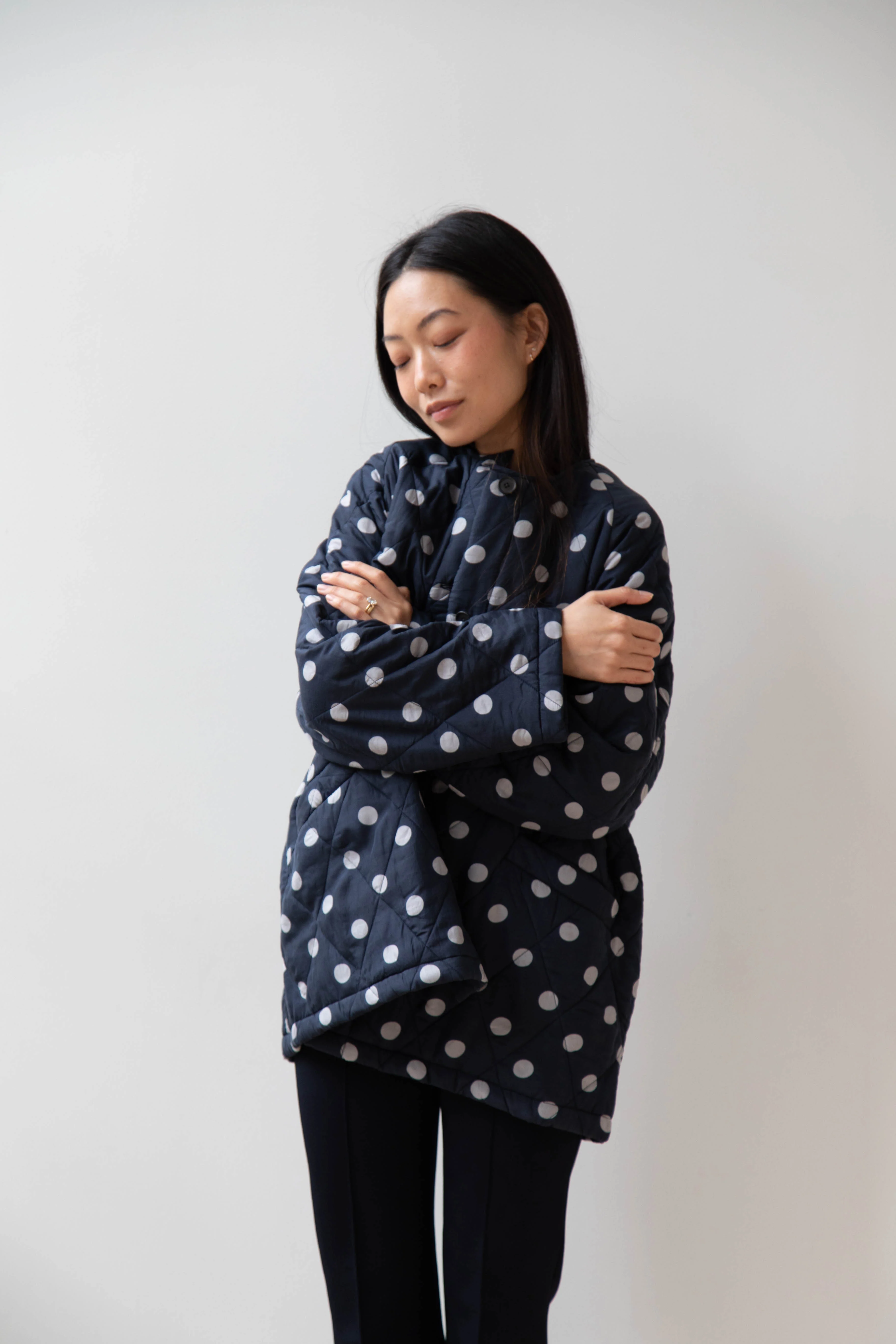 Maison de Soil | Quilted Dot Coat in Navy - Image 15