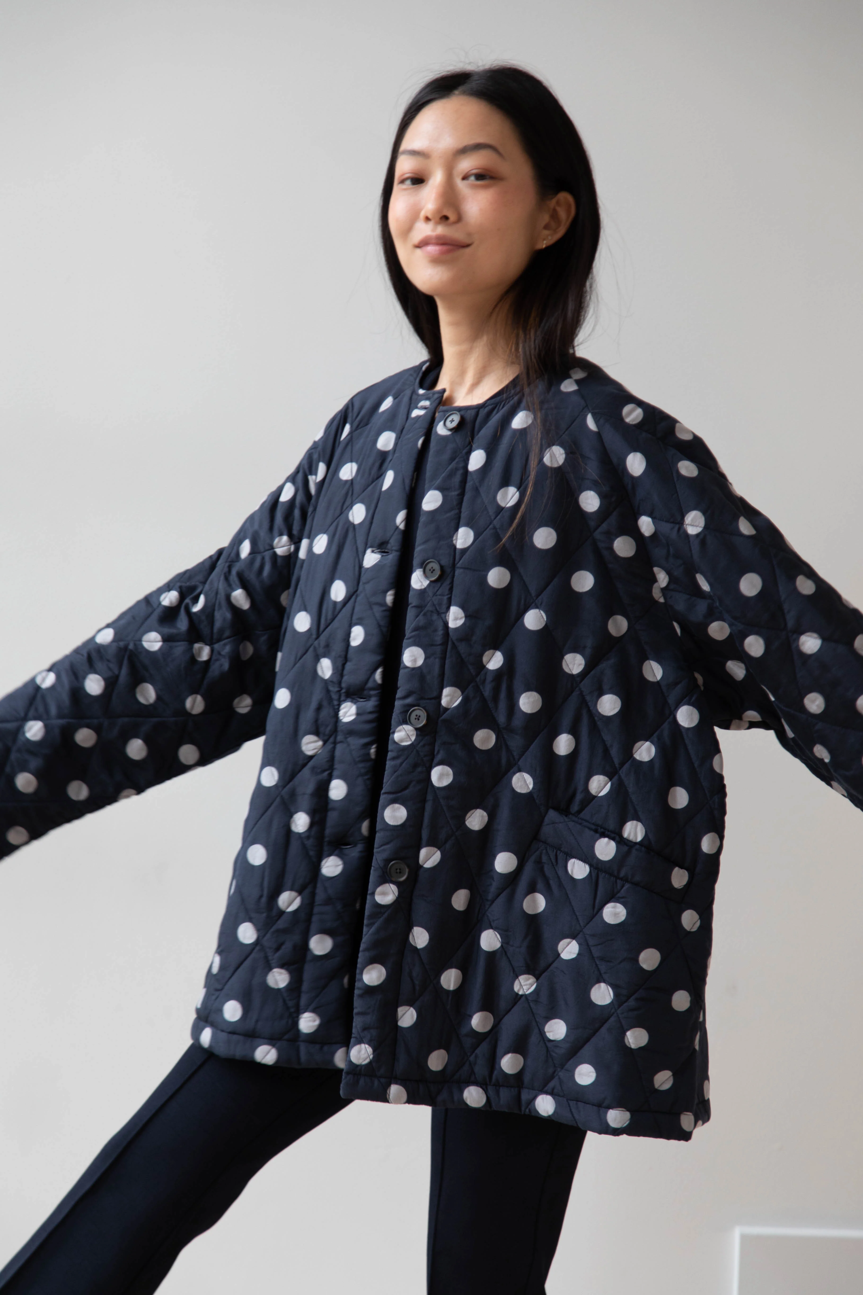 Maison de Soil | Quilted Dot Coat in Navy - Image 17
