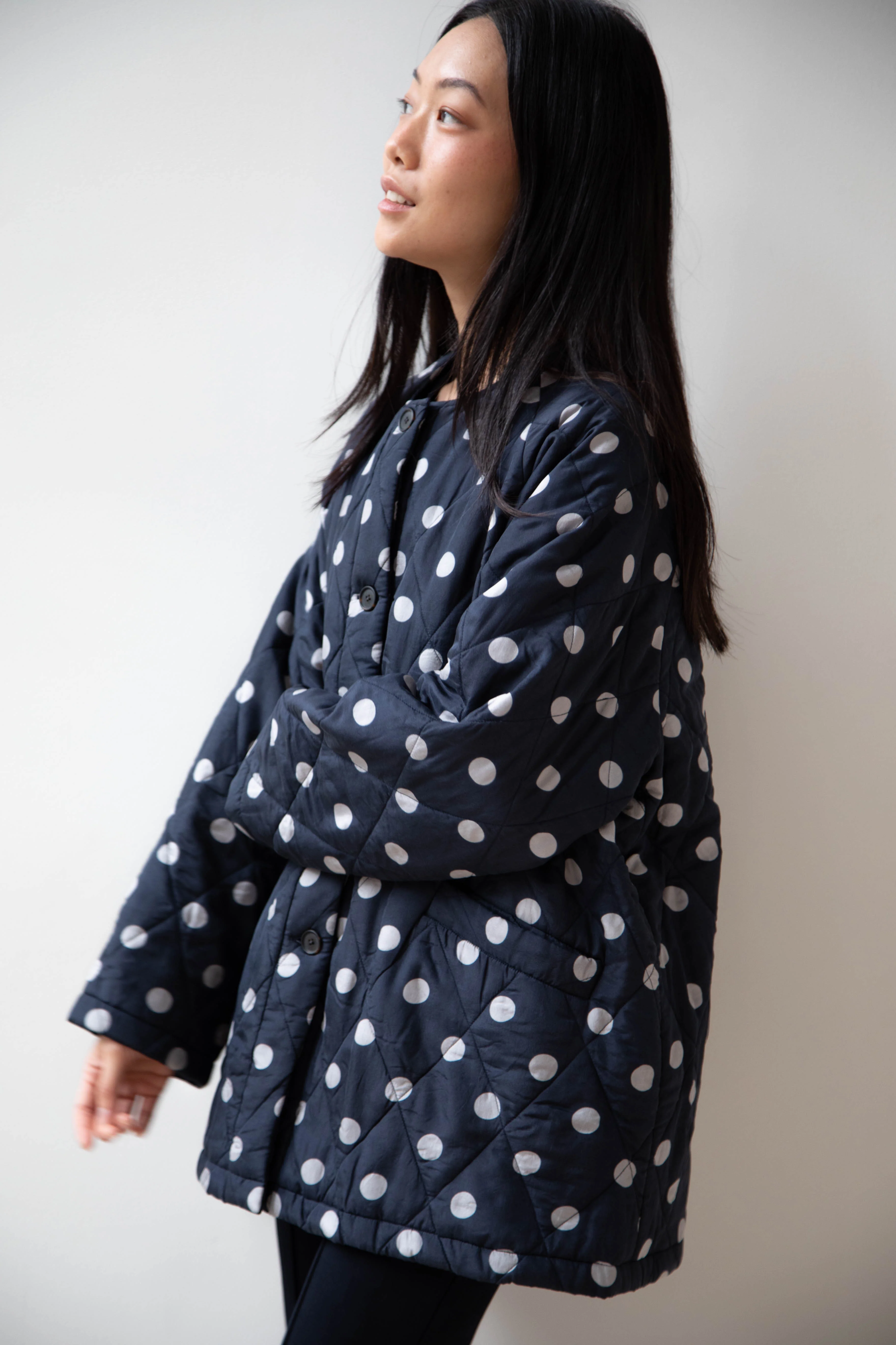 Maison de Soil | Quilted Dot Coat in Navy - Image 3