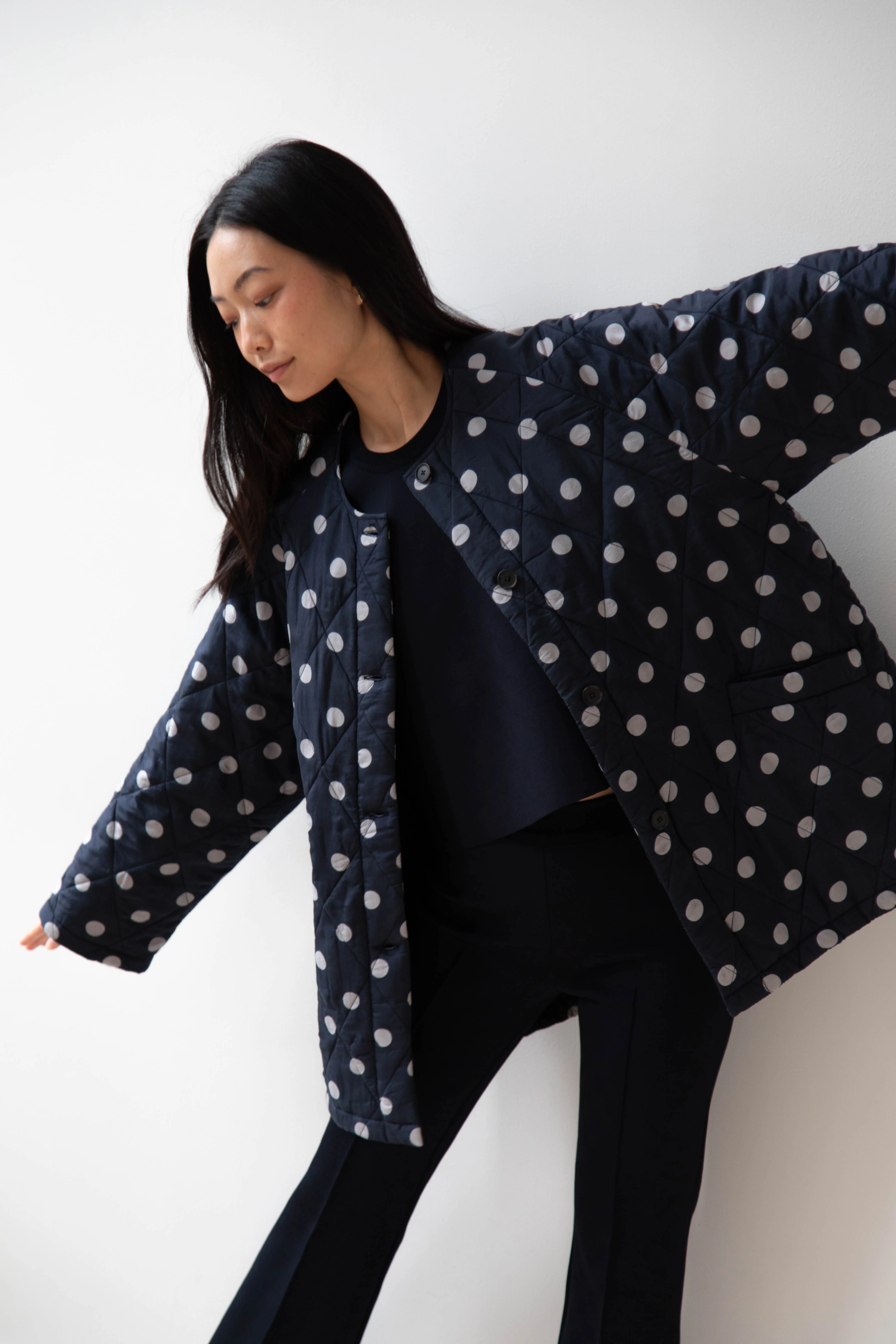 Maison de Soil | Quilted Dot Coat in Navy - Image 31